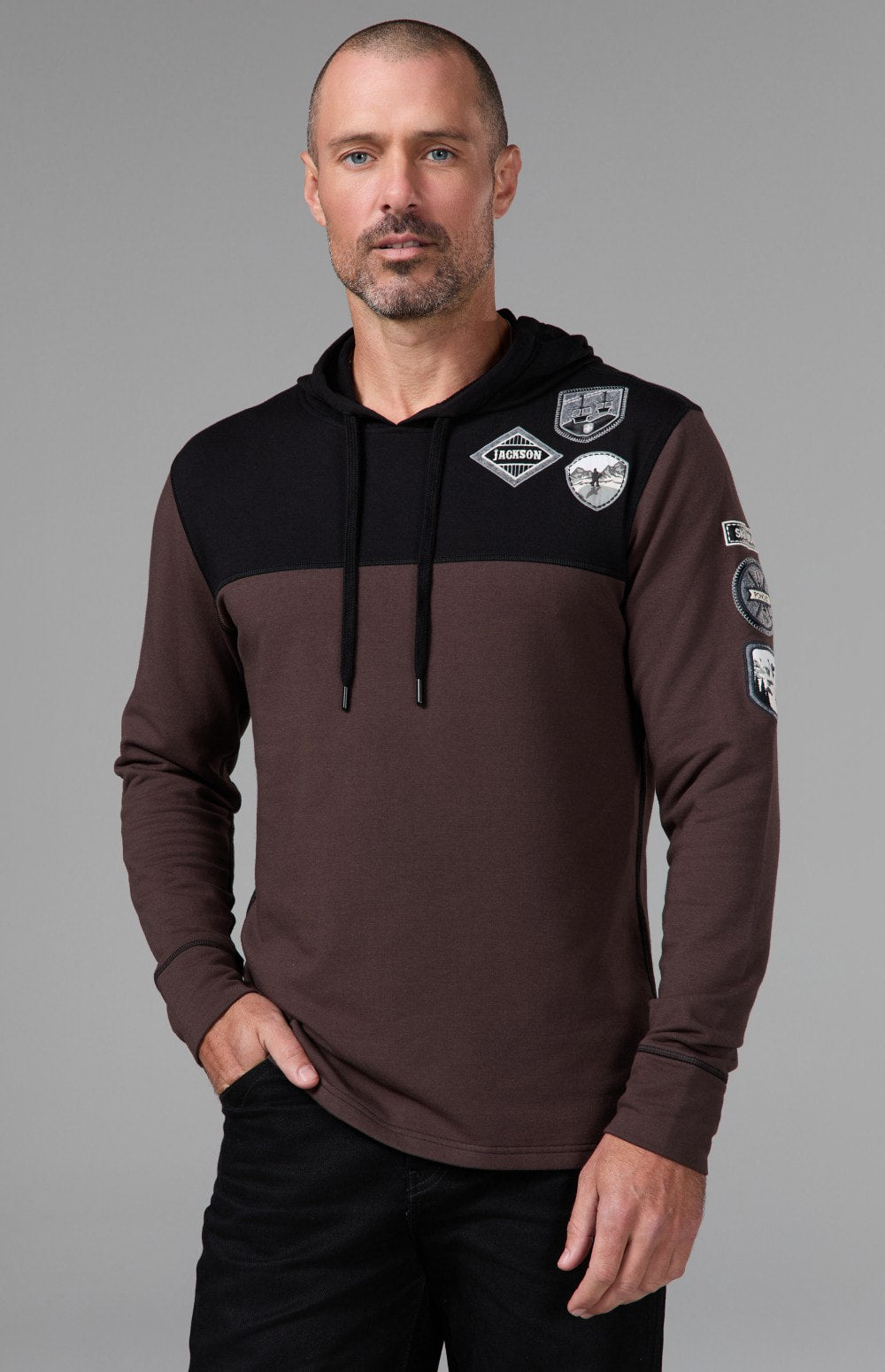 Alp N Rock Marco Hoodie, dark brown longsleeve hoodie with ski patches for men