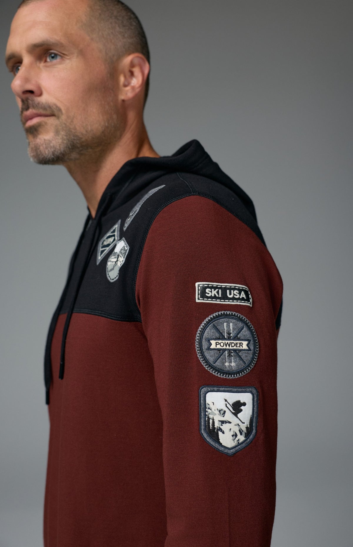Alp N Rock Marco Hoodie, dark red longsleeve hoodie with ski patches for men