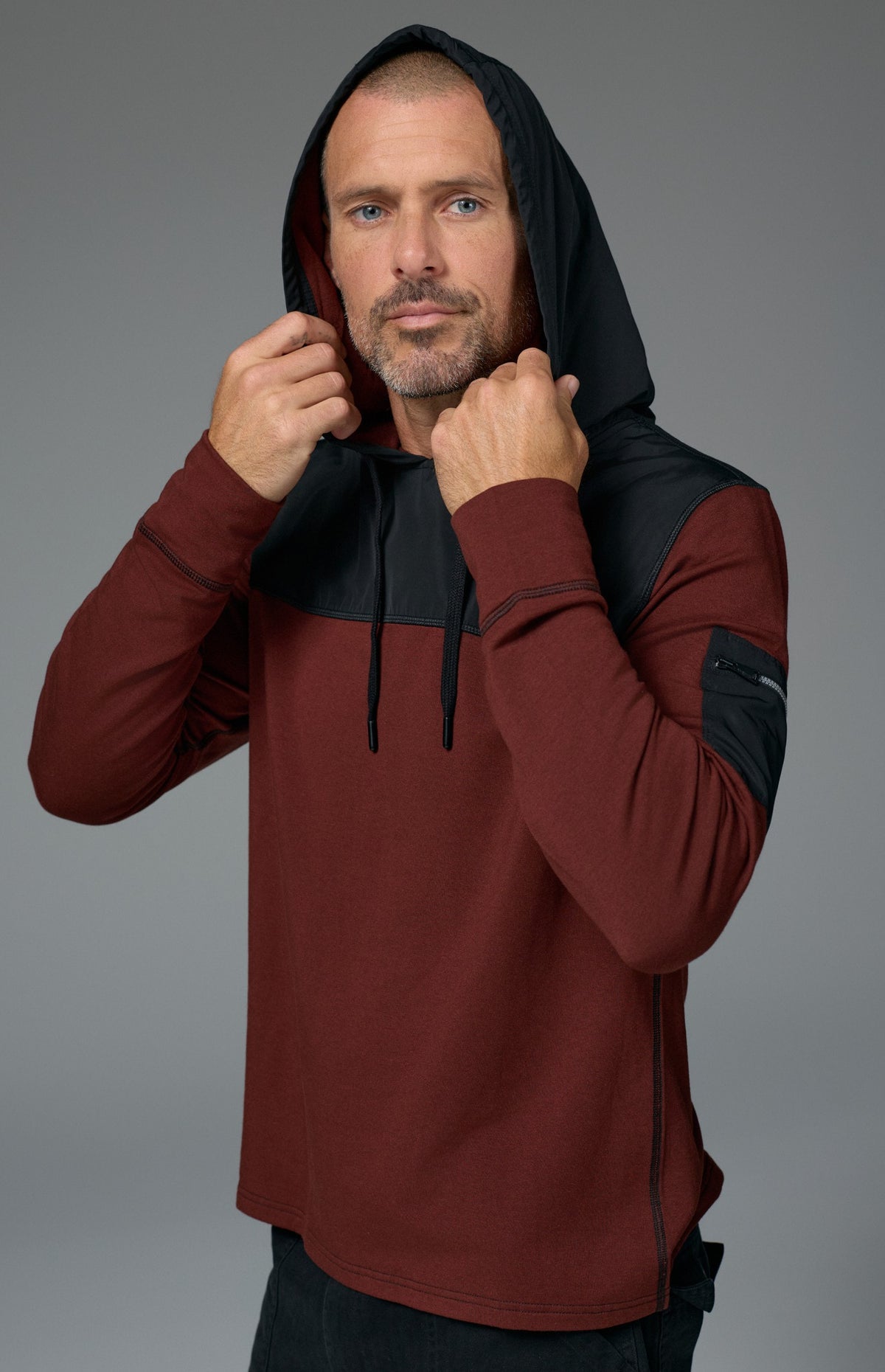 Alp N Rock Rowan Hoodie, dark red hoodie for men with black chest fabric and zippered sleeve pocket
