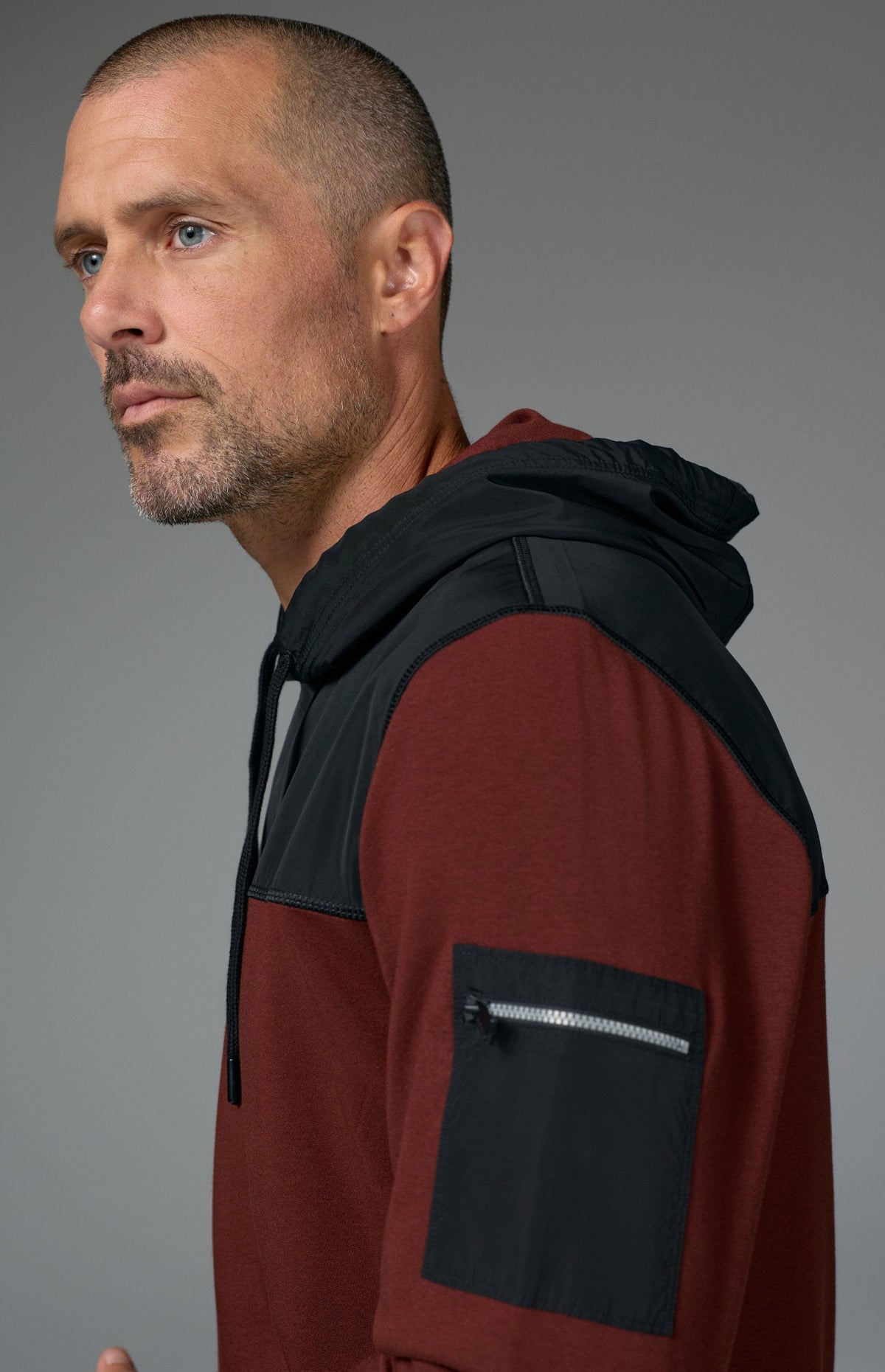 Alp N Rock Rowan Hoodie, dark red hoodie for men with black chest fabric and zippered sleeve pocket
