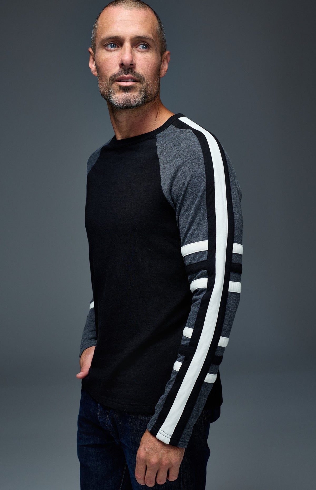 Alp N Rock Saxon Raglan Stripe Crew, black longsleeve crew neck shirt with grey and white stripes for men