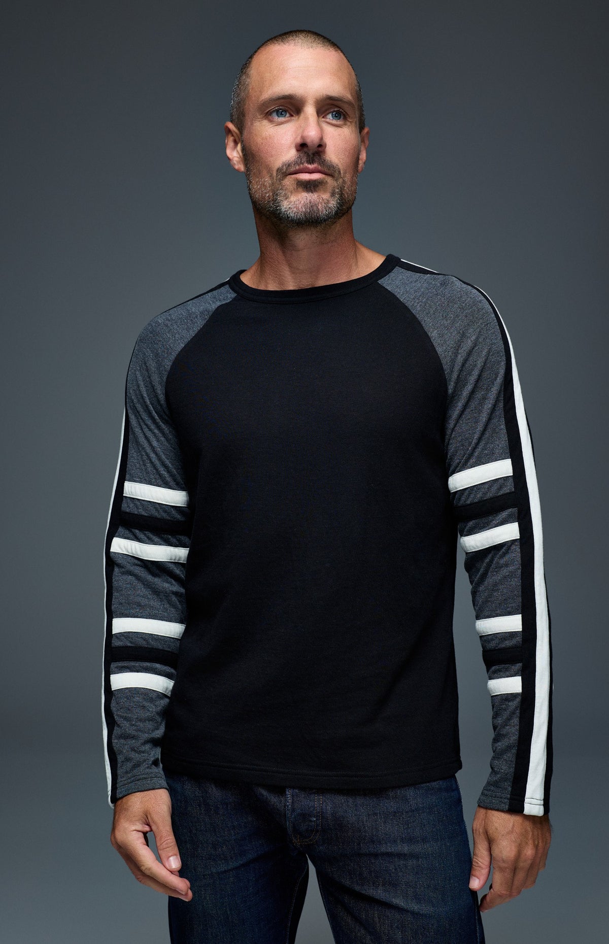 Alp N Rock Saxon Raglan Stripe Crew, black longsleeve crew neck shirt with grey and white stripes for men