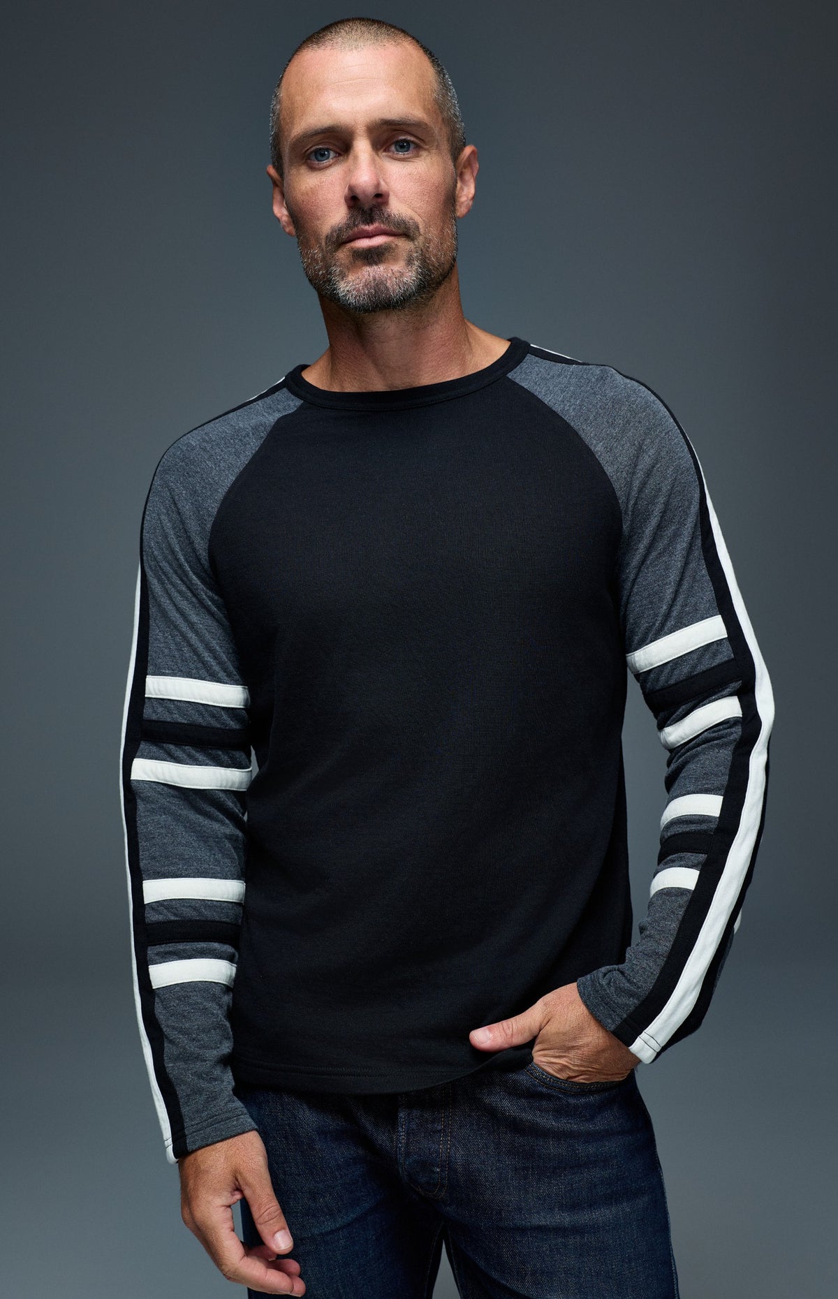 Alp N Rock Saxon Raglan Stripe Crew, black longsleeve crew neck shirt with grey and white stripes for men
