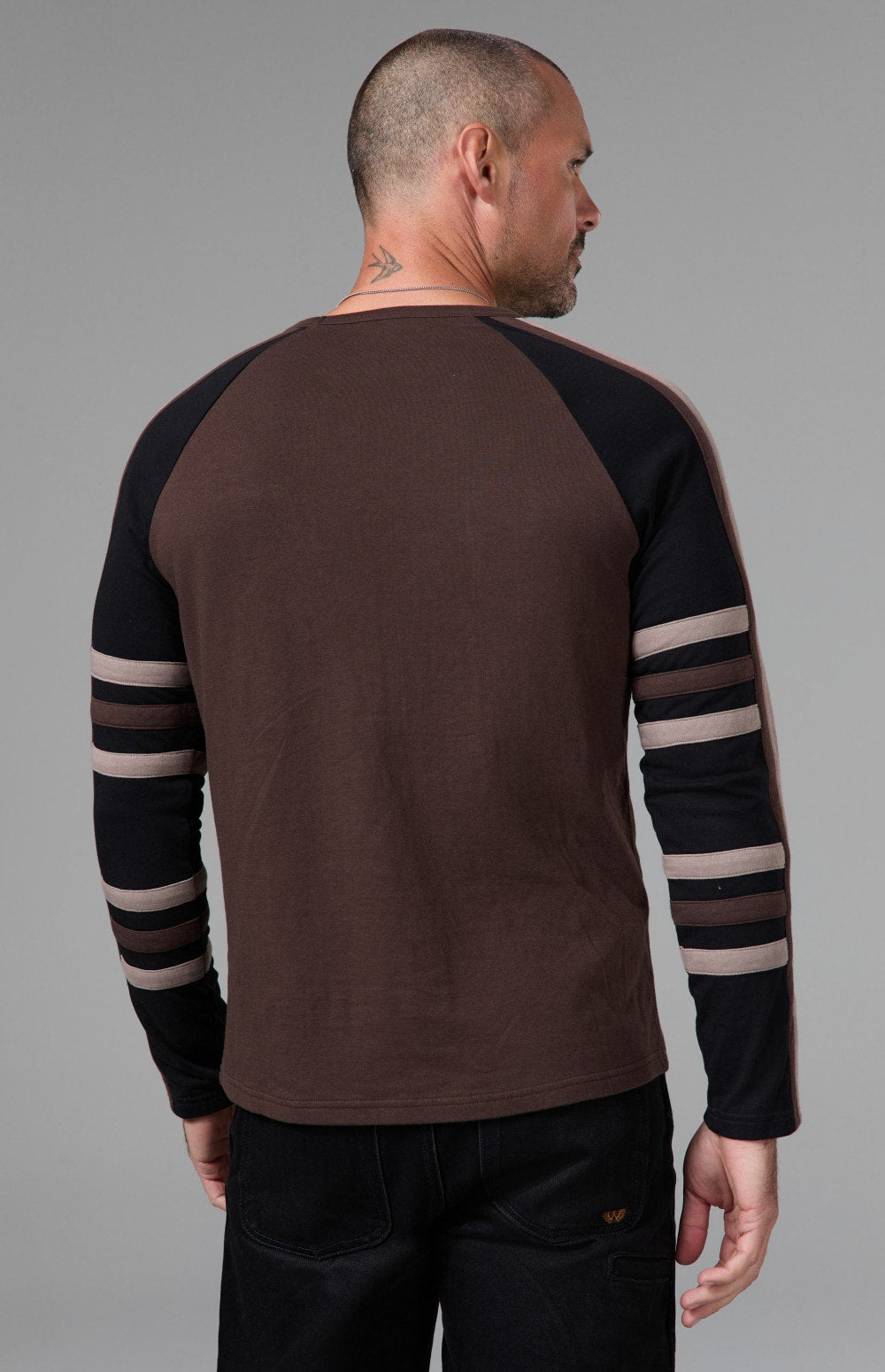 Alp N Rock Saxon Raglan Stripe Crew, dark brown longsleeve crew neck shirt for men