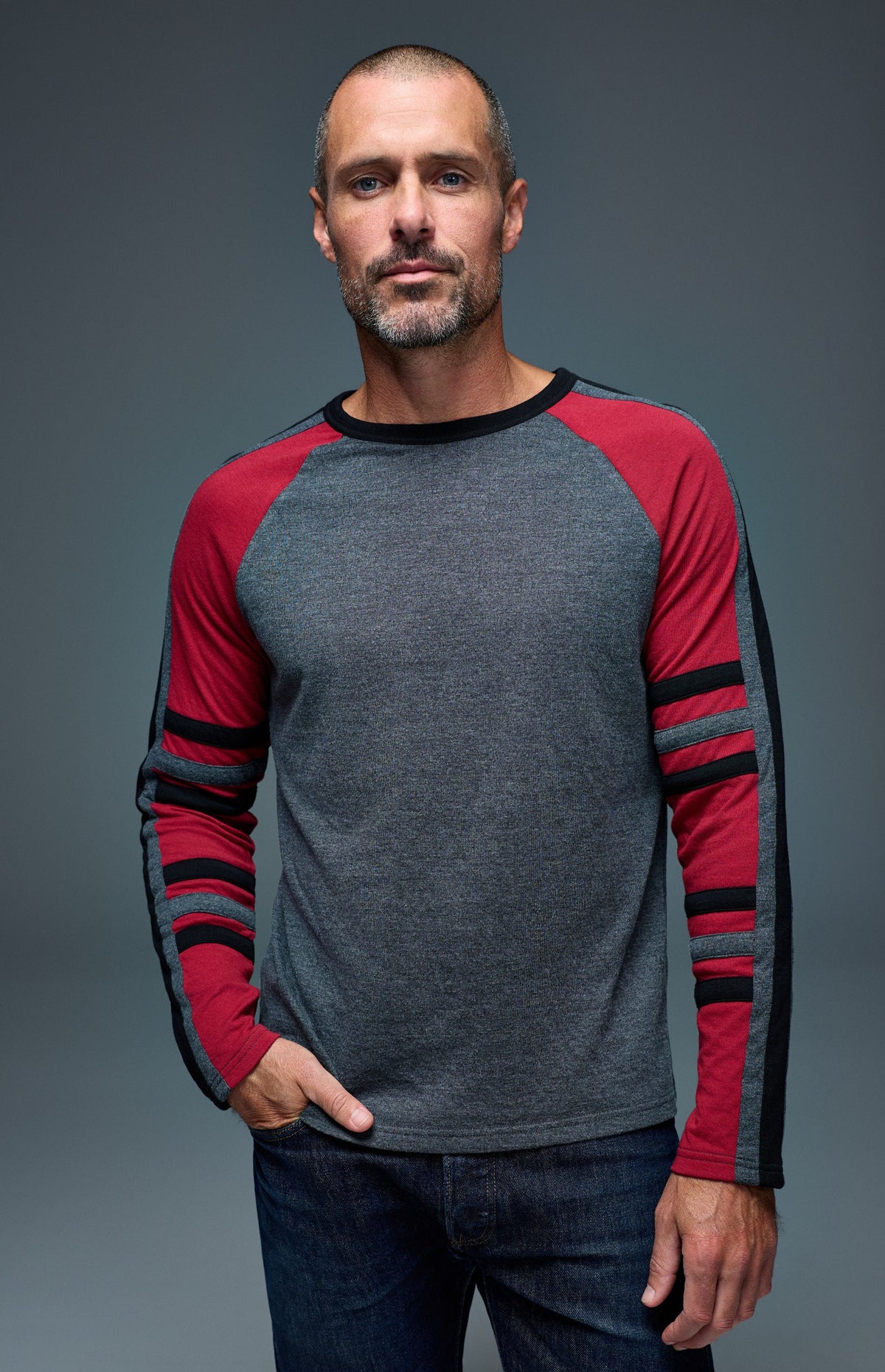 Alp N Rock Saxon Raglan Stripe Crew, grey longsleeve crew neck shirt with black and red stripes for men