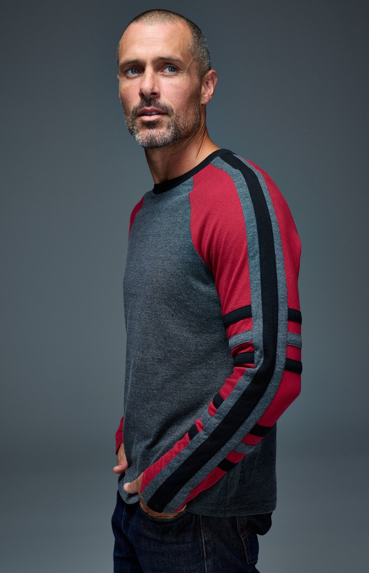 Alp N Rock Saxon Raglan Stripe Crew, grey longsleeve crew neck shirt with black and red stripes for men