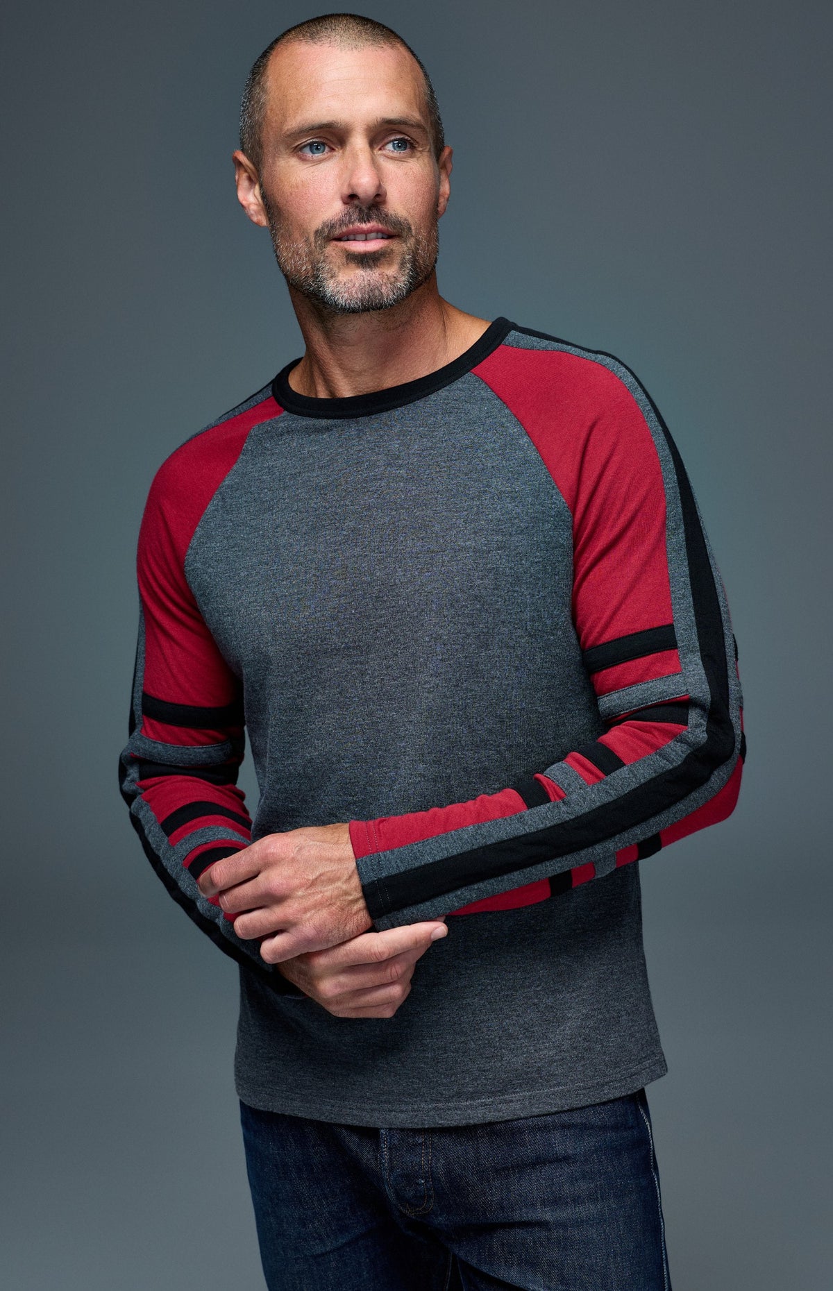 Alp N Rock Saxon Raglan Stripe Crew, grey longsleeve crew neck shirt with black and red stripes for men