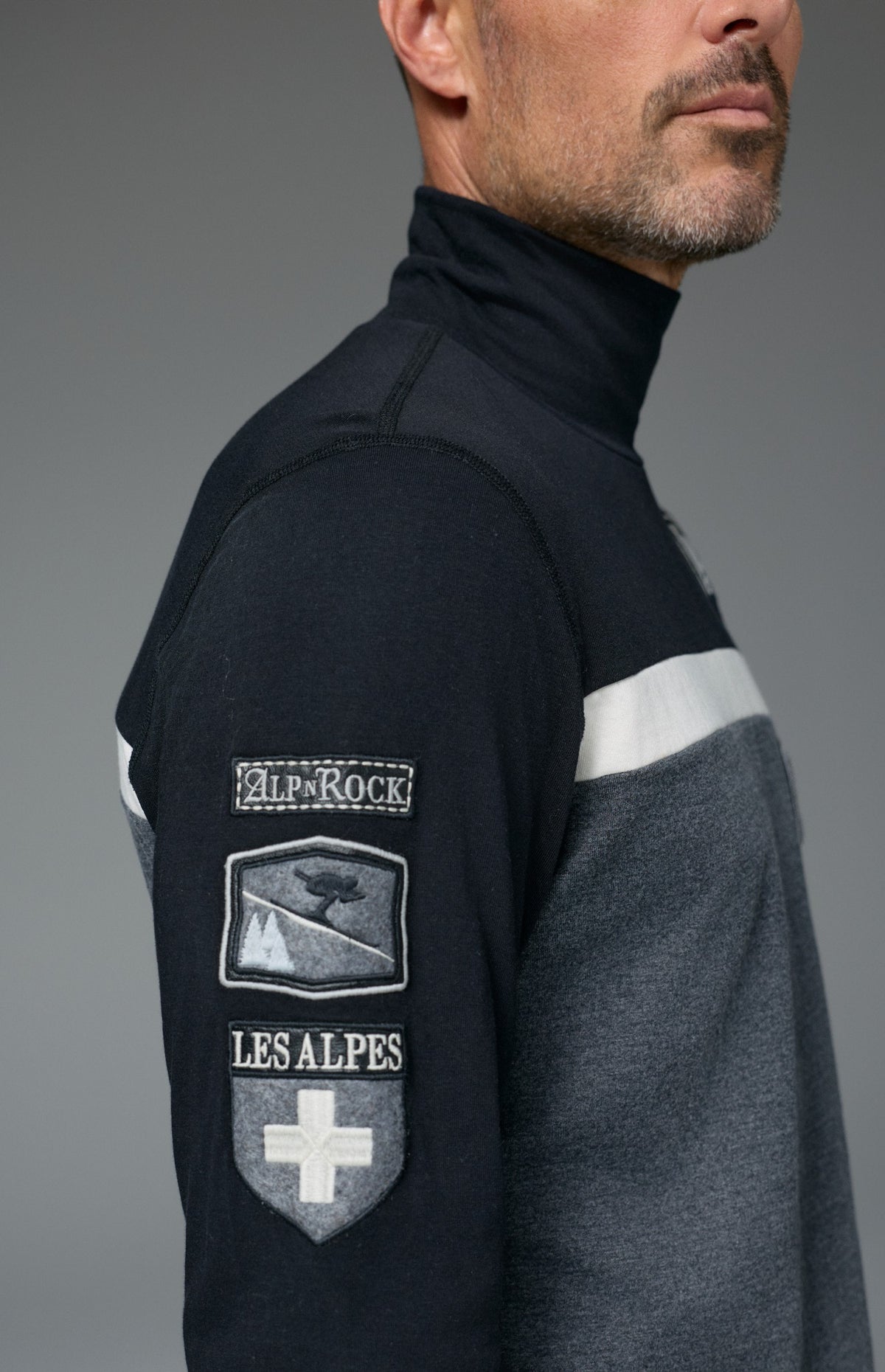 Alp N Rock Shiloh Mock Shirt, black and grey longsleeve turtleneck sweater with ski patches for men