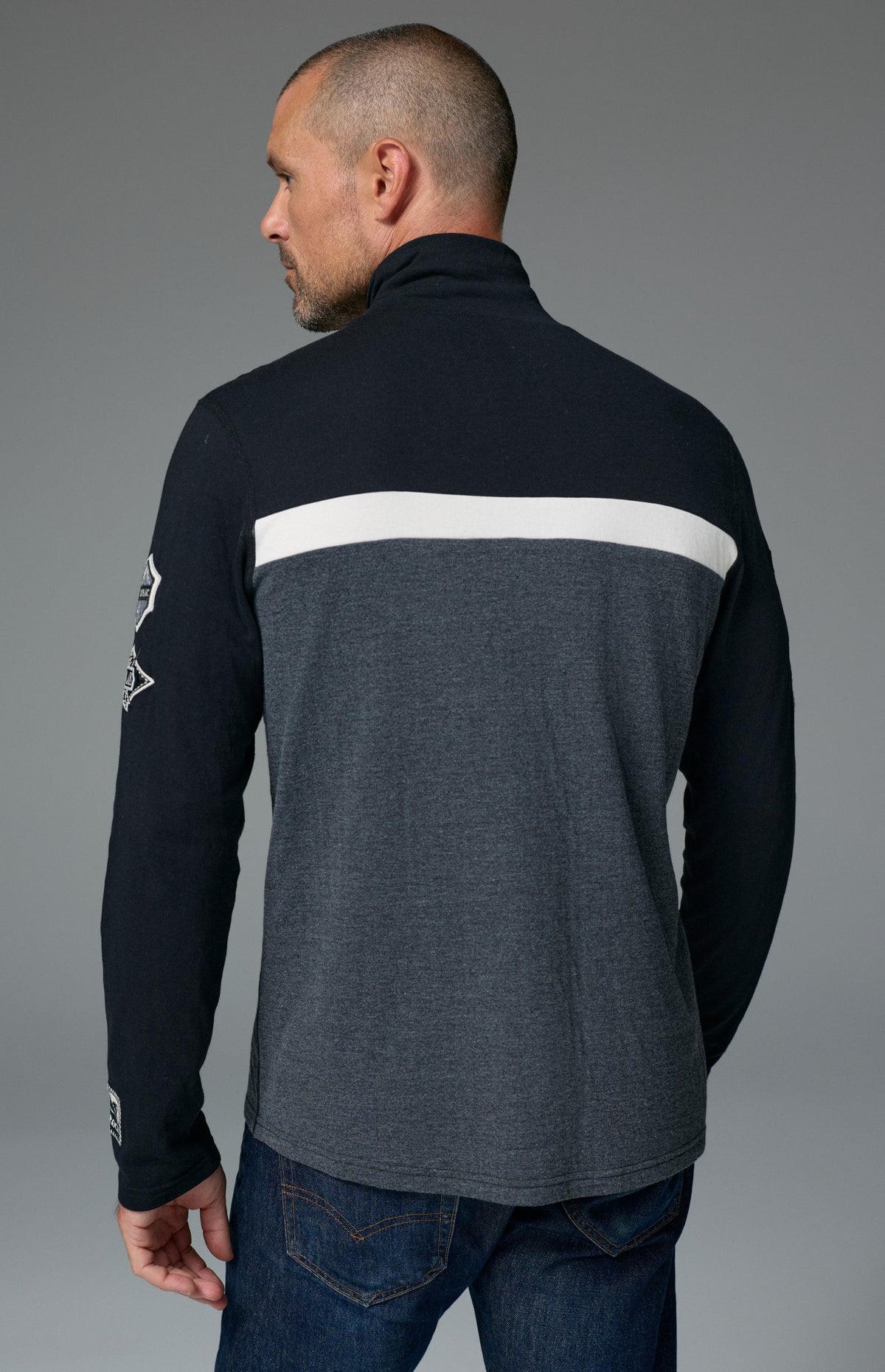 Alp N Rock Shiloh Mock Shirt, black and grey longsleeve turtleneck sweater with ski patches for men