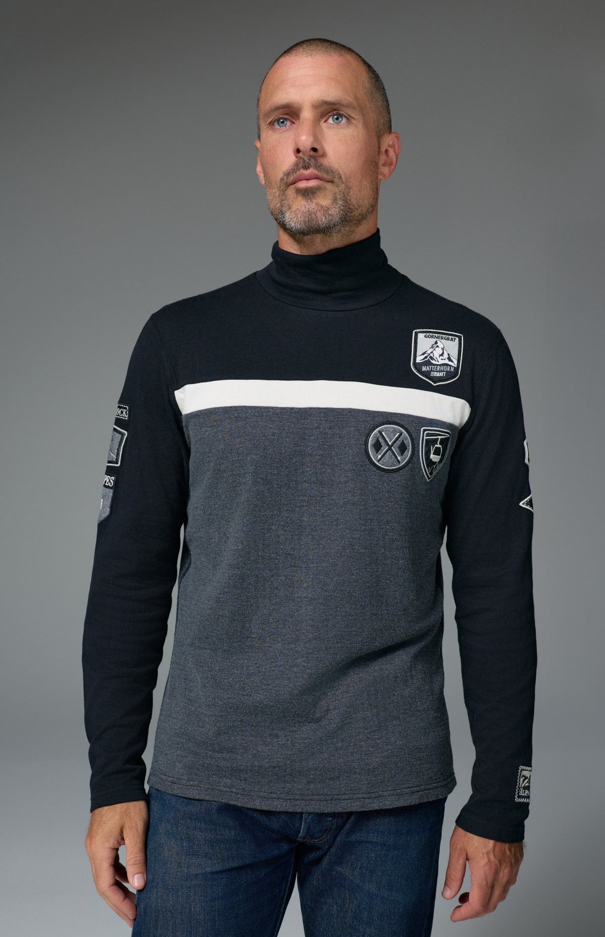 Alp N Rock Shiloh Mock Shirt, black and grey longsleeve turtleneck sweater with ski patches for men