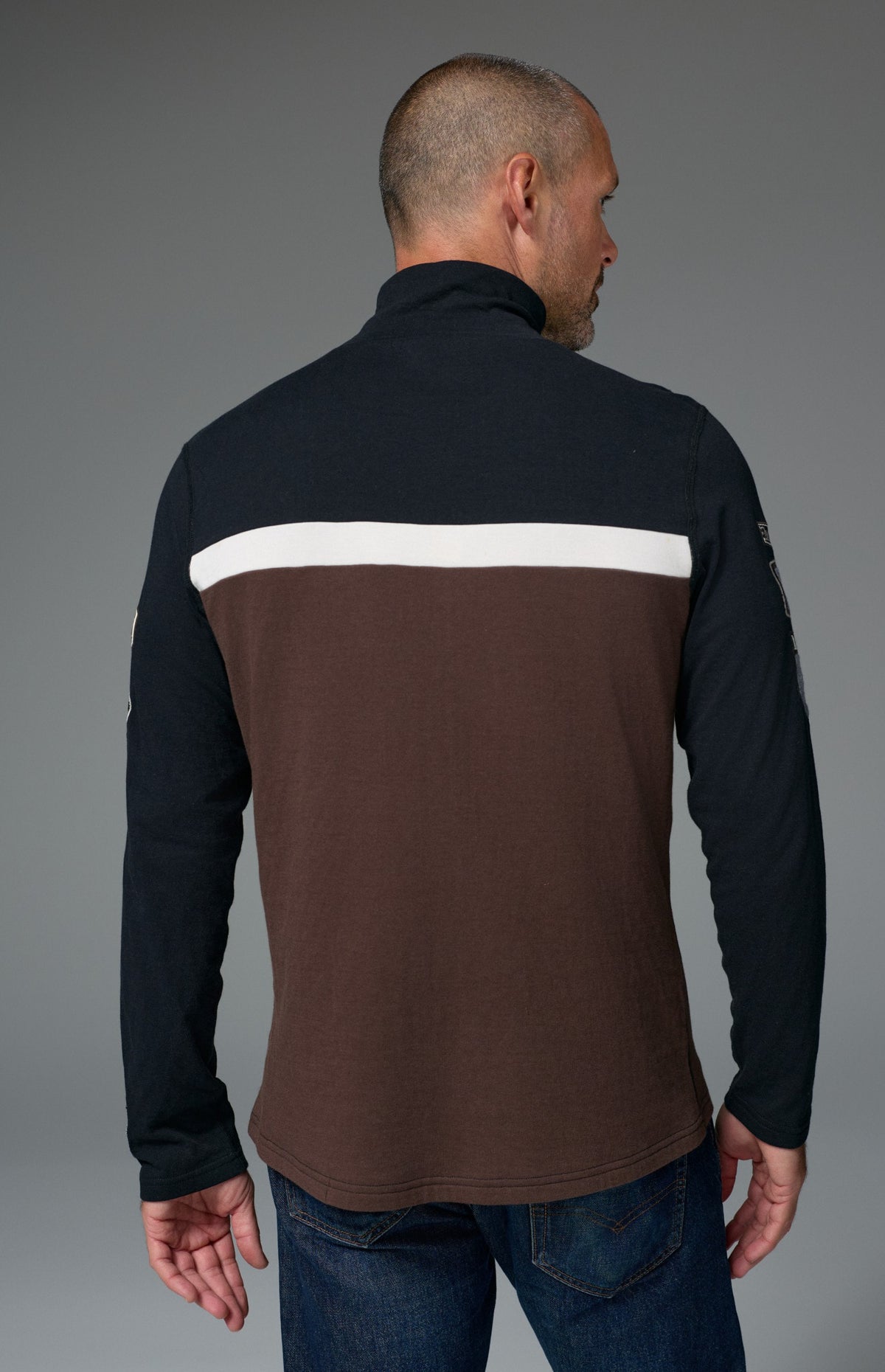 Alp N Rock Shiloh Mock Shirt, black and brown longsleeve turtleneck sweater with ski patches for men