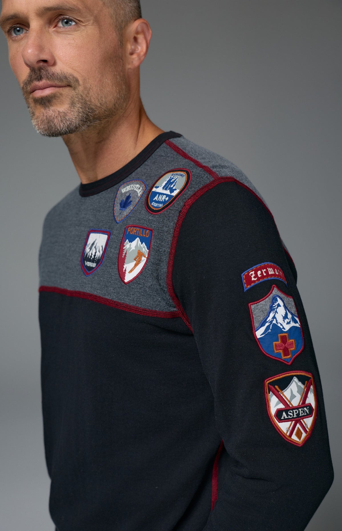 Alp N Rock Ski Patch Men's Crew, black and grey longsleeve sweater with ski patches all over for men