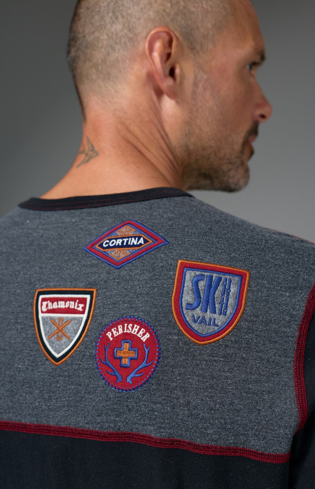 Alp N Rock Ski Patch Men's Crew, black and grey longsleeve sweater with ski patches all over for men