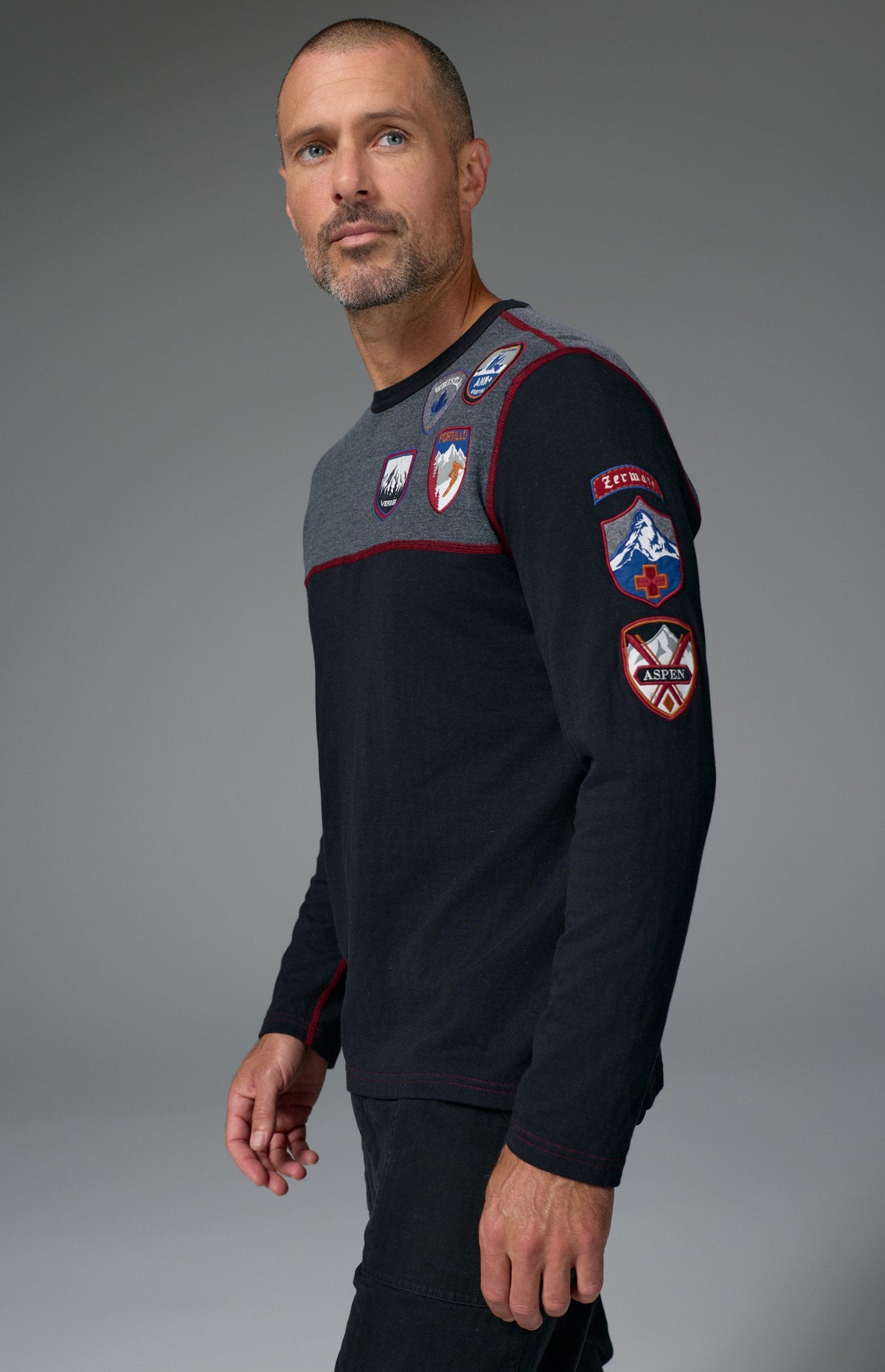 Alp N Rock Ski Patch Men's Crew, black and grey longsleeve sweater with ski patches all over for men