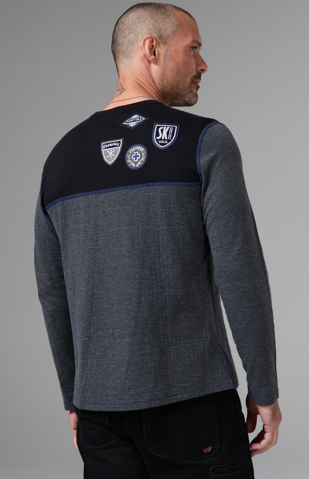 Alp N Rock Ski Patch Men's Crew, black and grey longsleeve sweater with ski patches all over for men