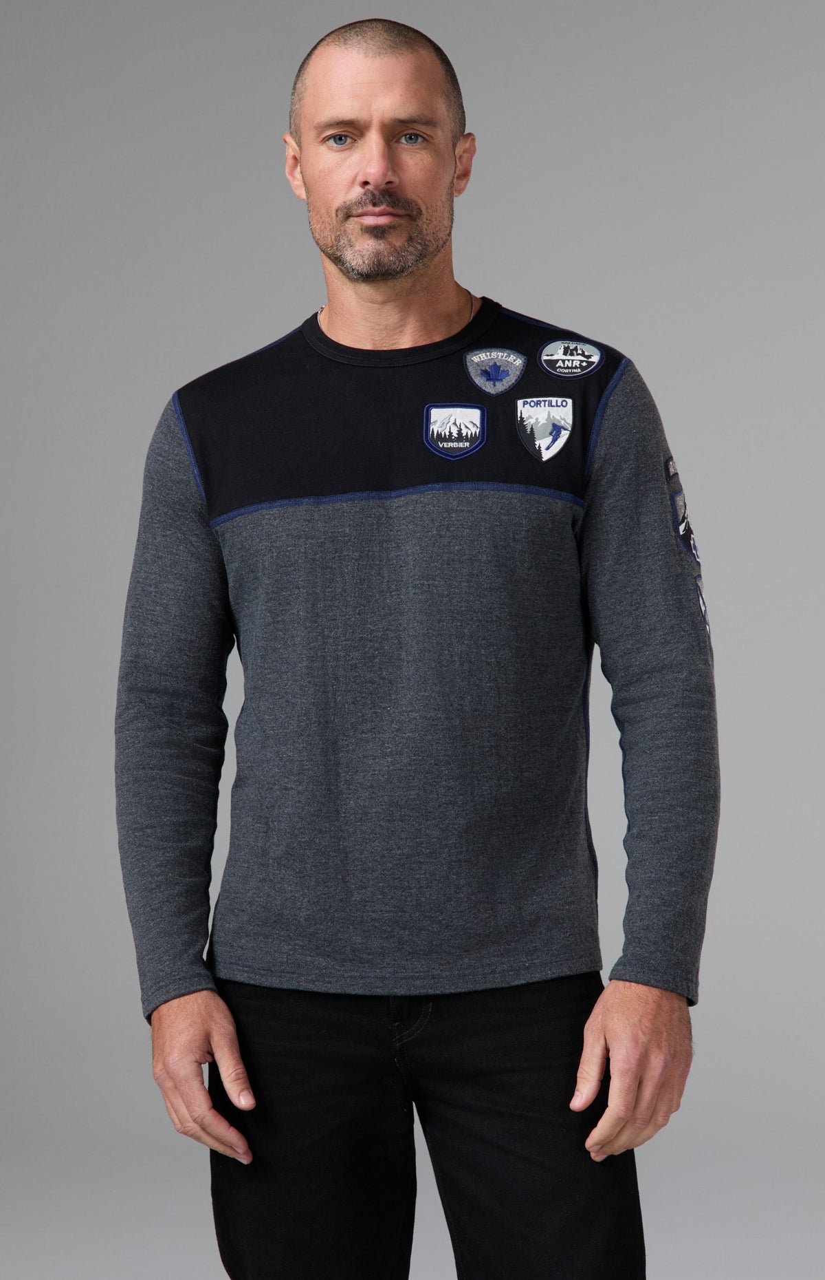 Alp N Rock Ski Patch Men's Crew, black and grey longsleeve sweater with ski patches all over for men