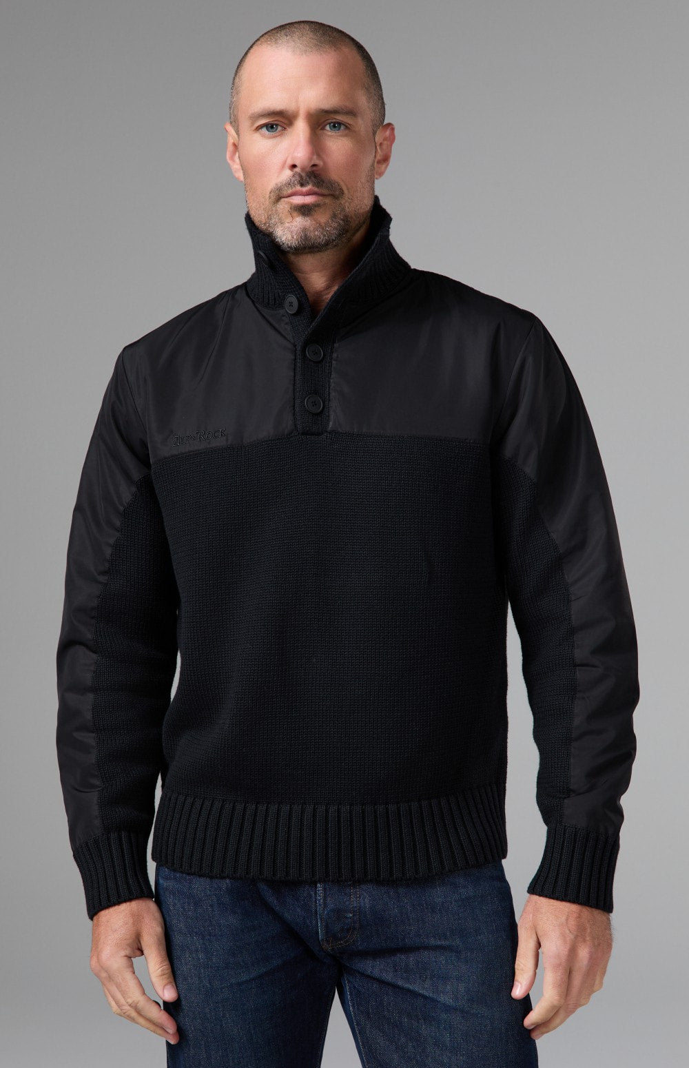 Alp N Rock Apollo Mock Sweater, black mock neck henley sweater for men with a button neckline