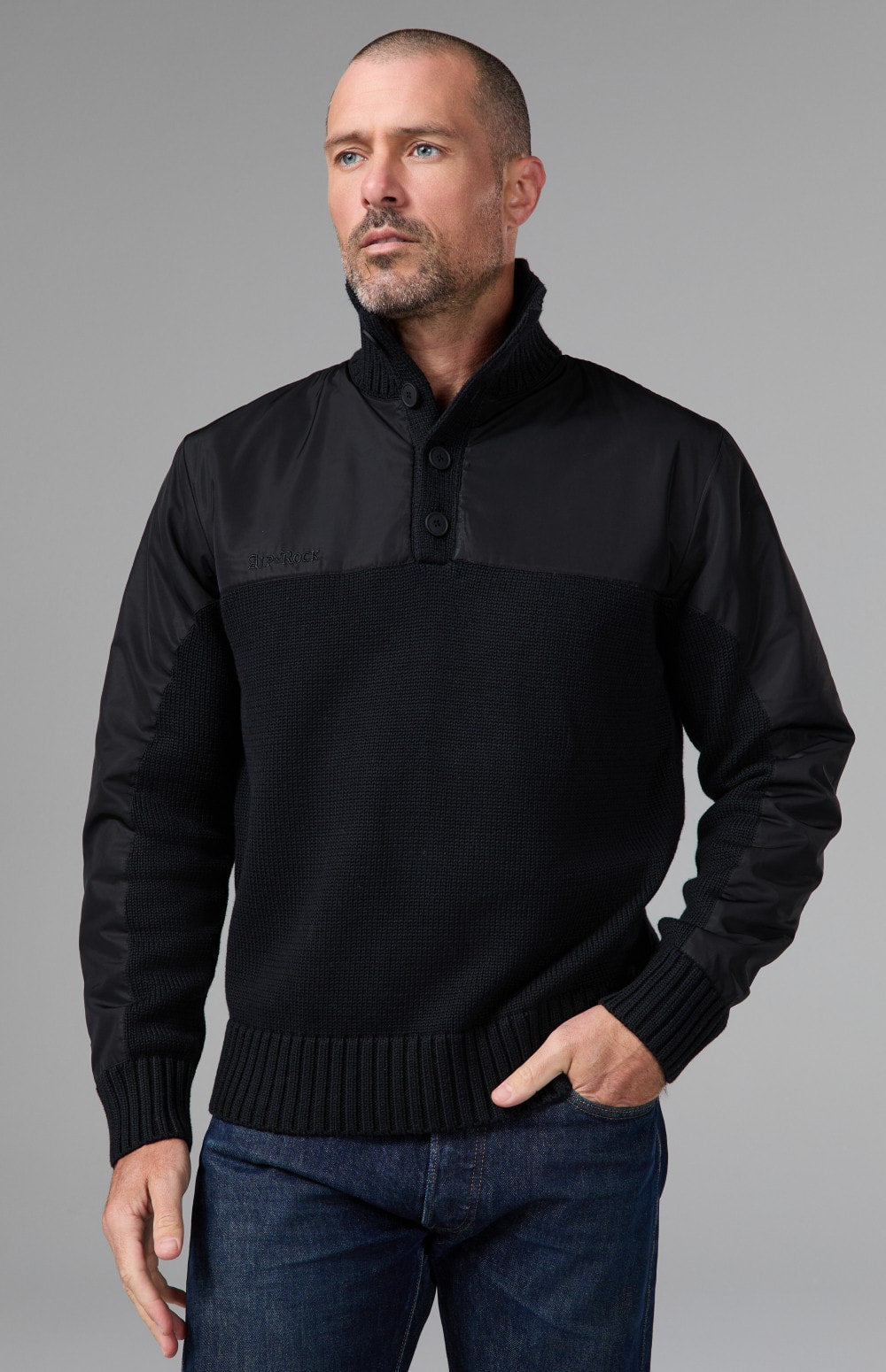 Alp N Rock Apollo Mock Sweater, black mock neck henley sweater for men with a button neckline