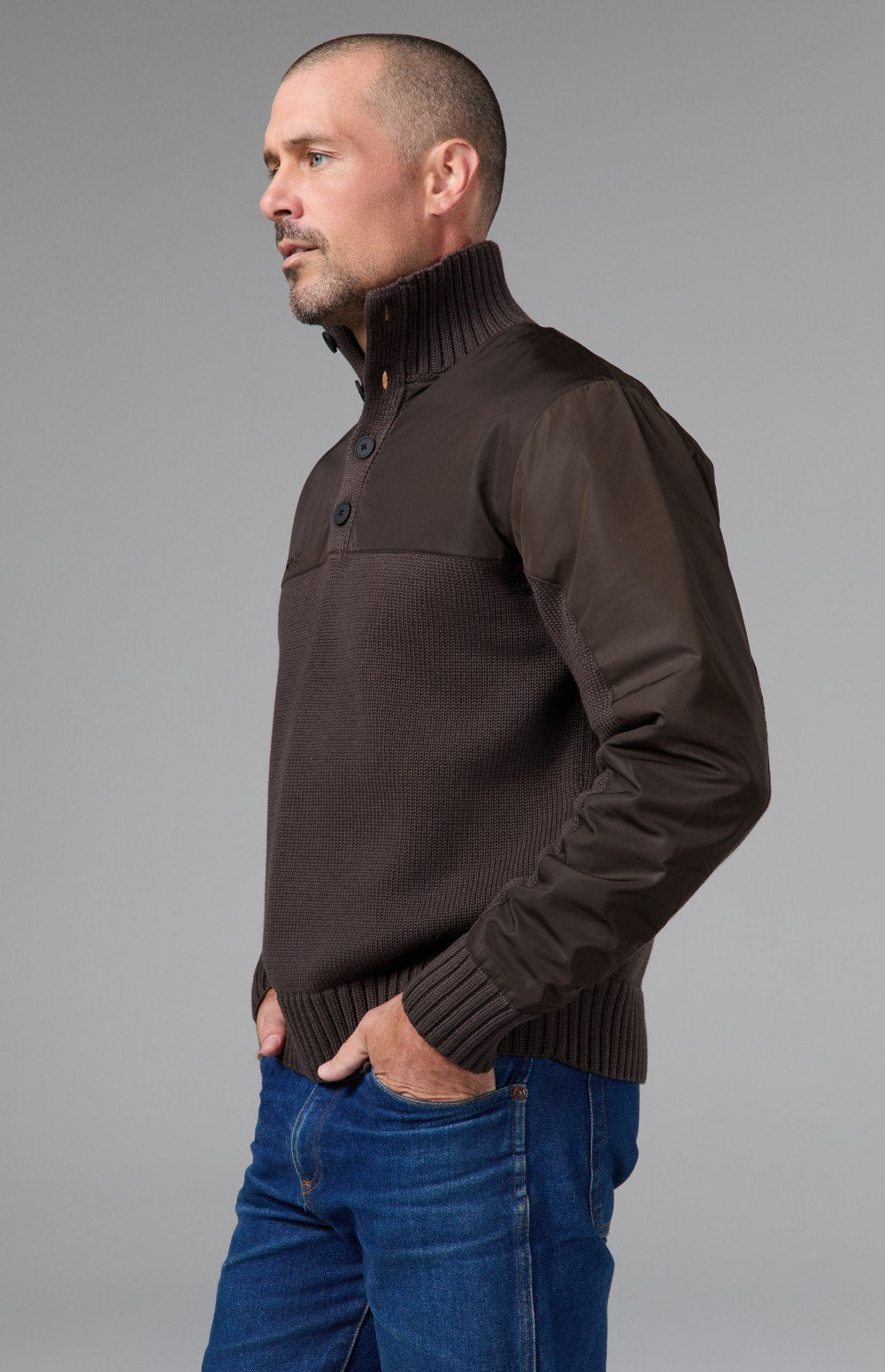 Alp N Rock Apollo Mock Sweater, dark brown mock neck henley sweater for men with a button neckline