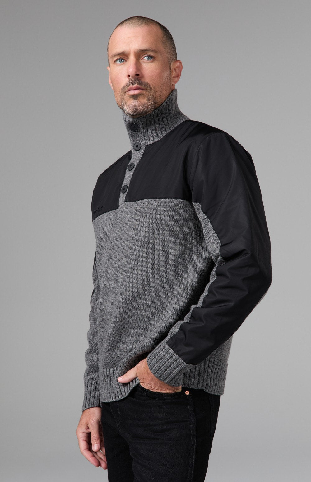 Alp N Rock Apollo Mock Sweater, heather grey mock neck henley sweater for men with a button neckline