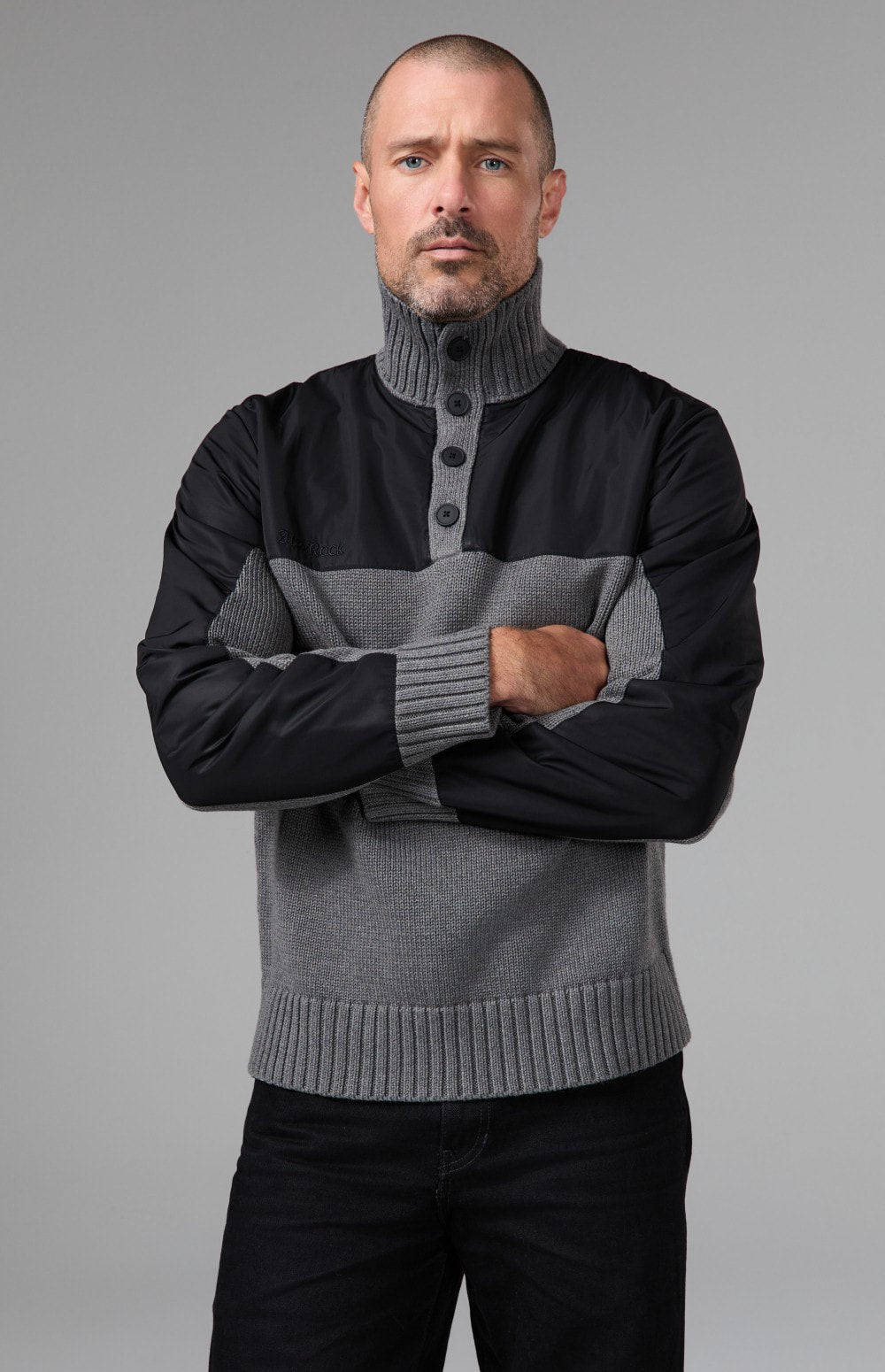 Alp N Rock Apollo Mock Sweater, heather grey mock neck henley sweater for men with a button neckline