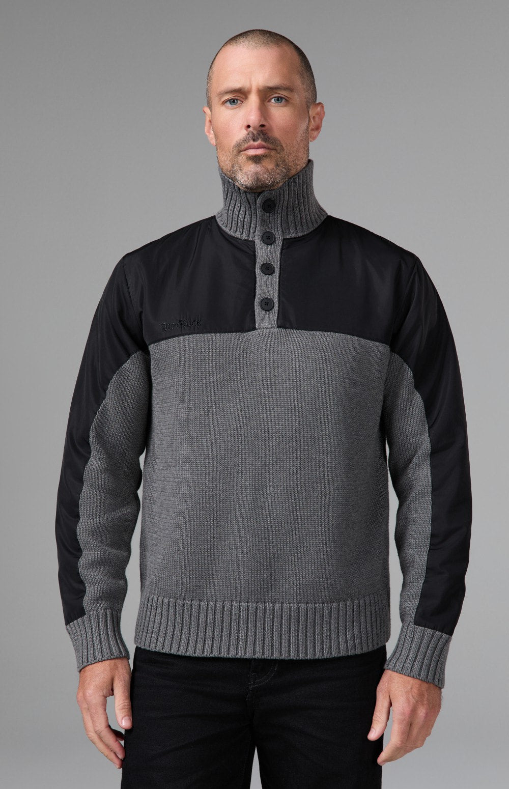 Alp N Rock Apollo Mock Sweater, heather grey mock neck henley sweater for men with a button neckline