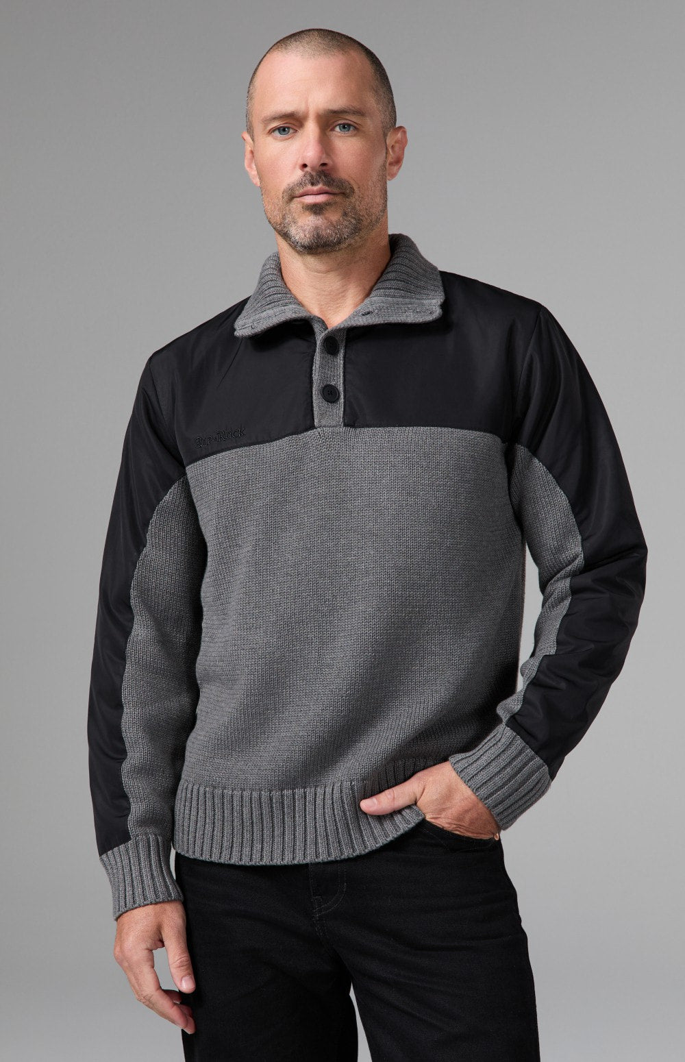 Alp N Rock Apollo Mock Sweater, heather grey mock neck henley sweater for men with a button neckline