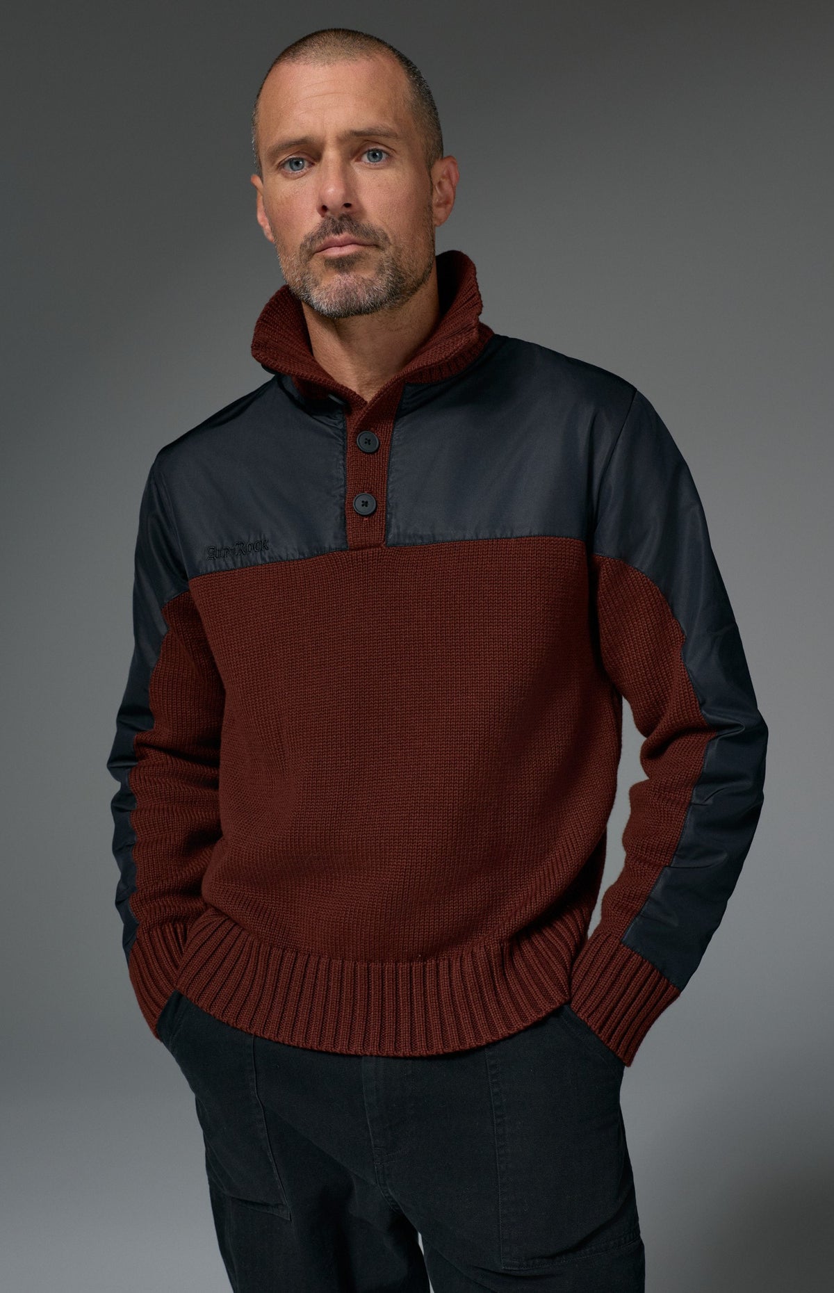 Alp N Rock Apollo Mock Sweater, dark red and black mock neck henley sweater for men with a button neckline