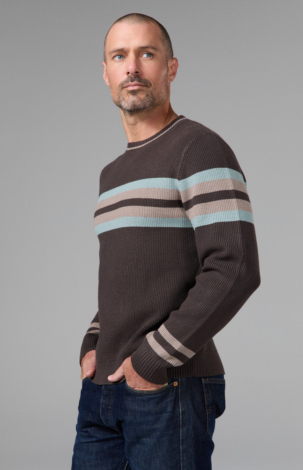 Alp N Rock Cameron Stripe Crew Sweater, dark brown crew neck stripe sweater