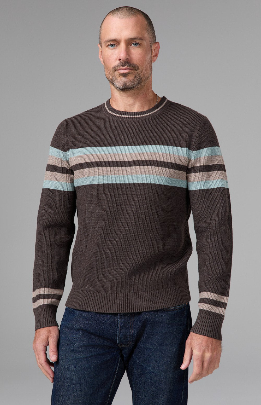 Alp N Rock Cameron Stripe Crew Sweater, dark brown crew neck stripe sweater