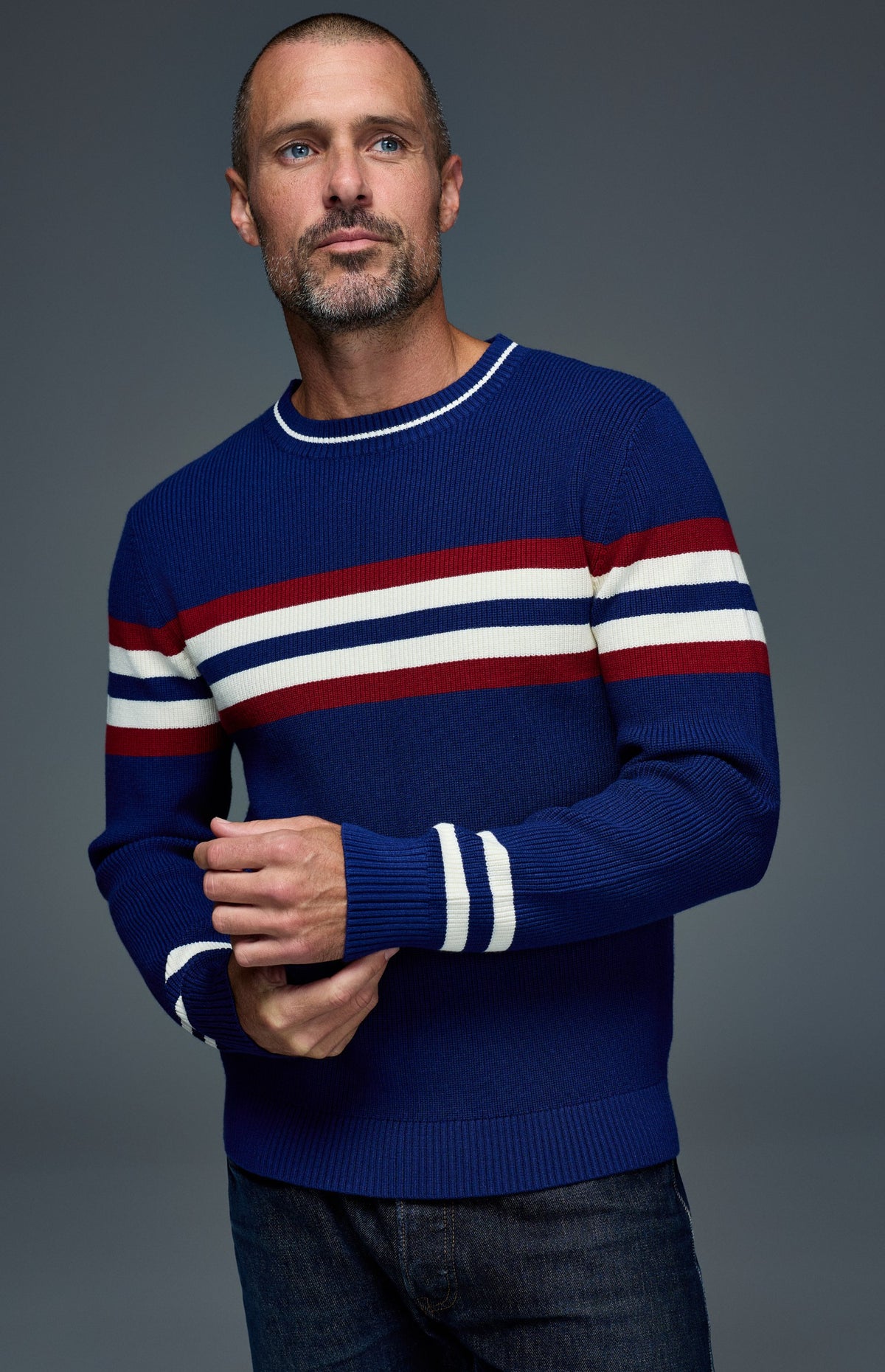 Alp N Rock Cameron Stripe Crew Sweater, deep blue crew neck stripe sweater for men