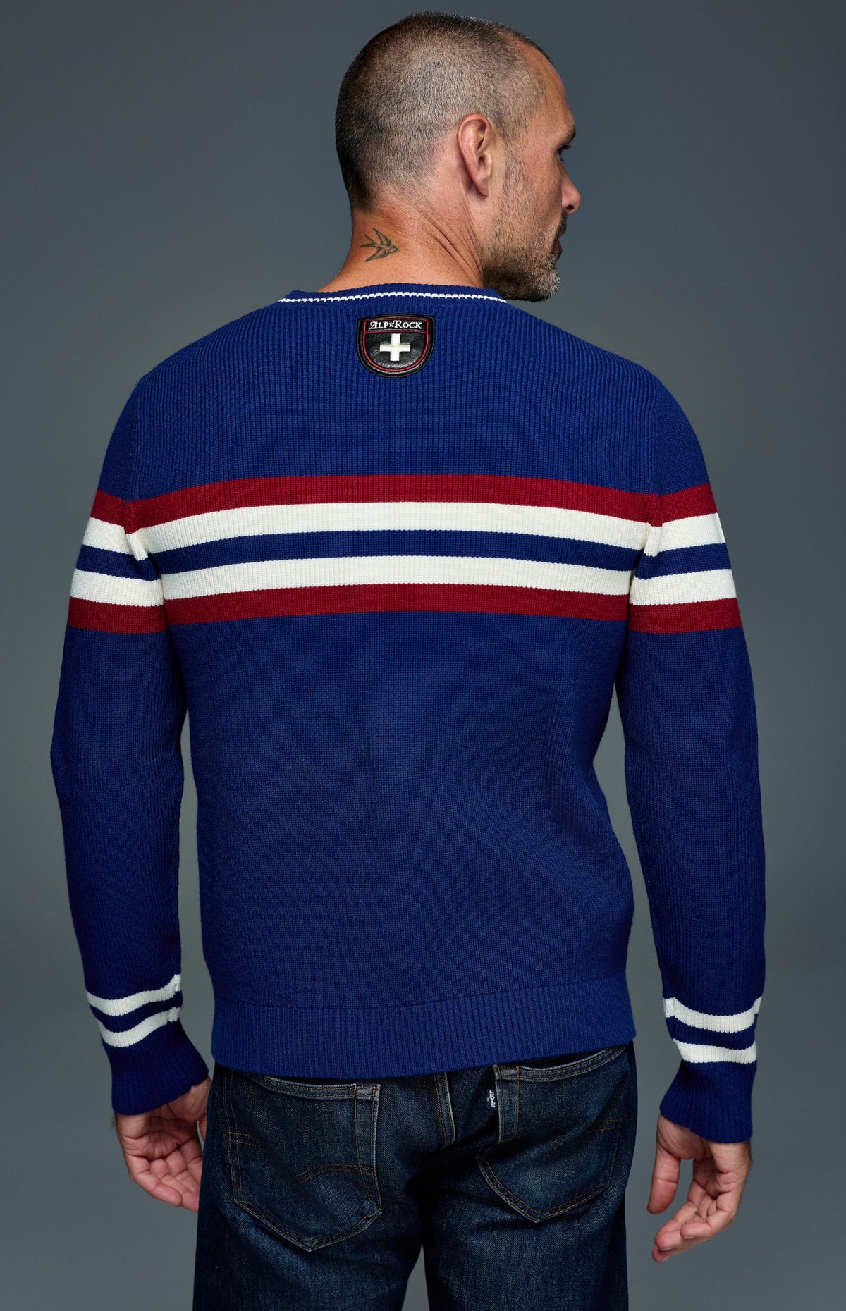 Alp N Rock Cameron Stripe Crew Sweater, deep blue crew neck stripe sweater for men