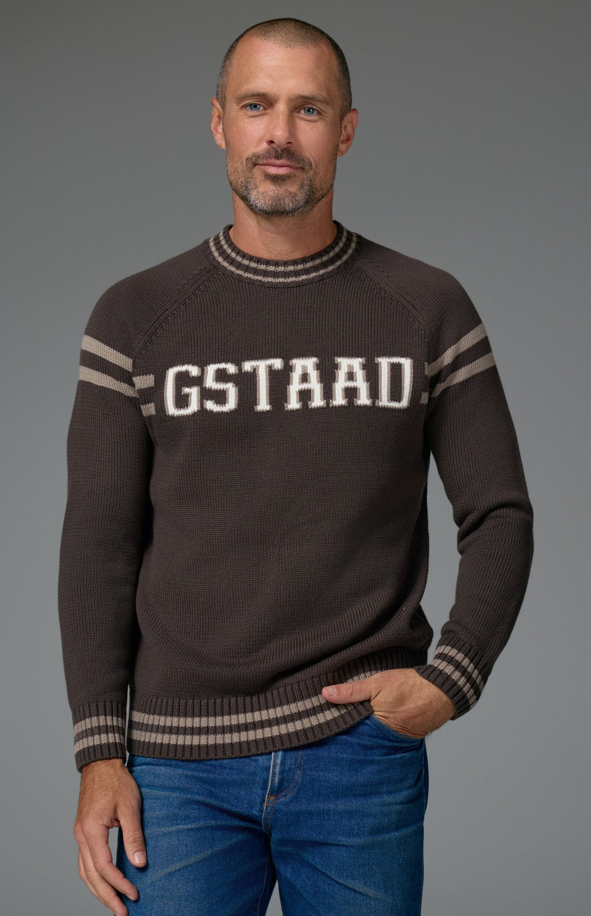 Alp N Rock Gstaad Men's Ski Sweater, men's brown mock neck longsleeve sweater with Gstaad lettering on the chest