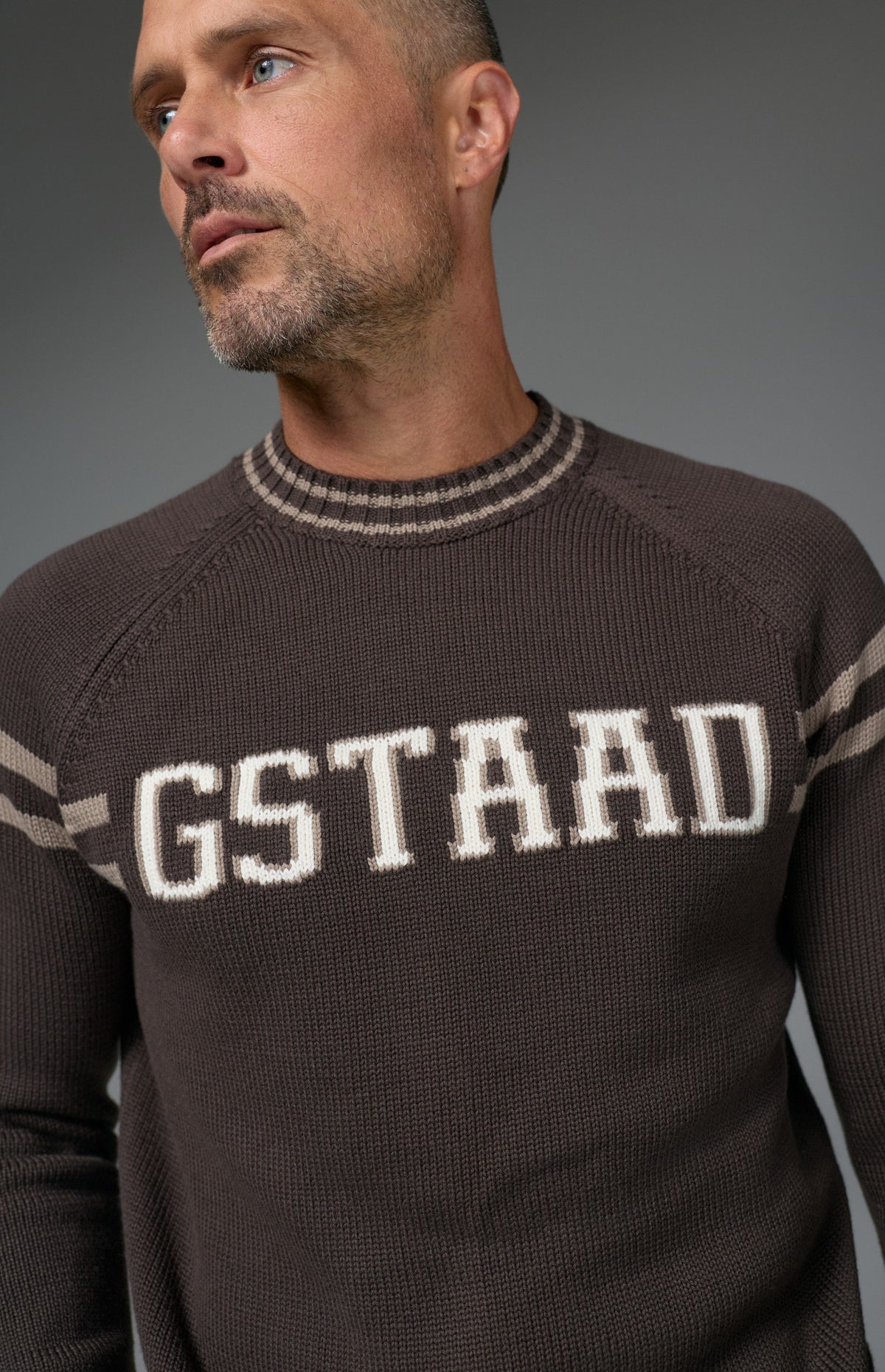 Alp N Rock Gstaad Men's Ski Sweater, men's brown mock neck longsleeve sweater with Gstaad lettering on the chest