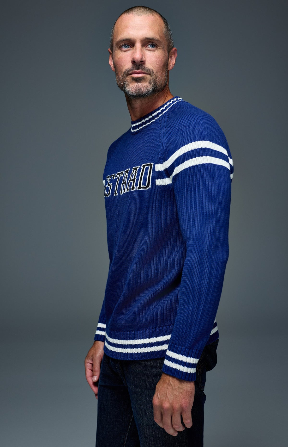 Alp N Rock Gstaad Men's Ski Sweater, deep blue men's mock neck longsleeve sweater with Gstaad lettering on the chest