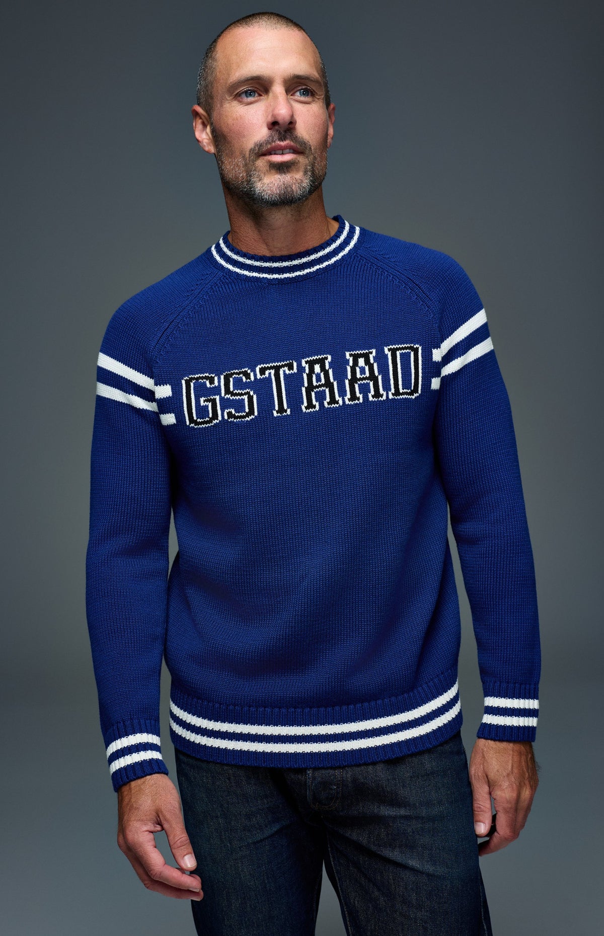 Alp N Rock Gstaad Men's Ski Sweater, deep blue men's mock neck longsleeve sweater with Gstaad lettering on the chest