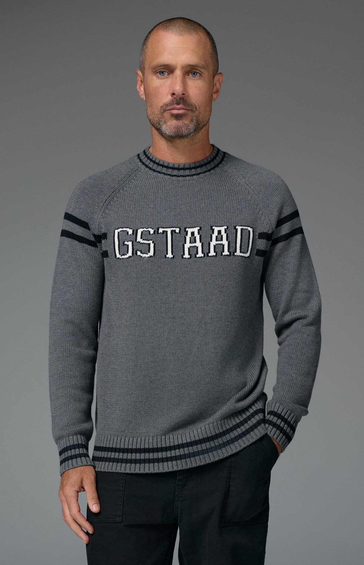 Alp N Rock Gstaad Men's Ski Sweater, heather grey men's mock neck longsleeve sweater with Gstaad lettering on the chest