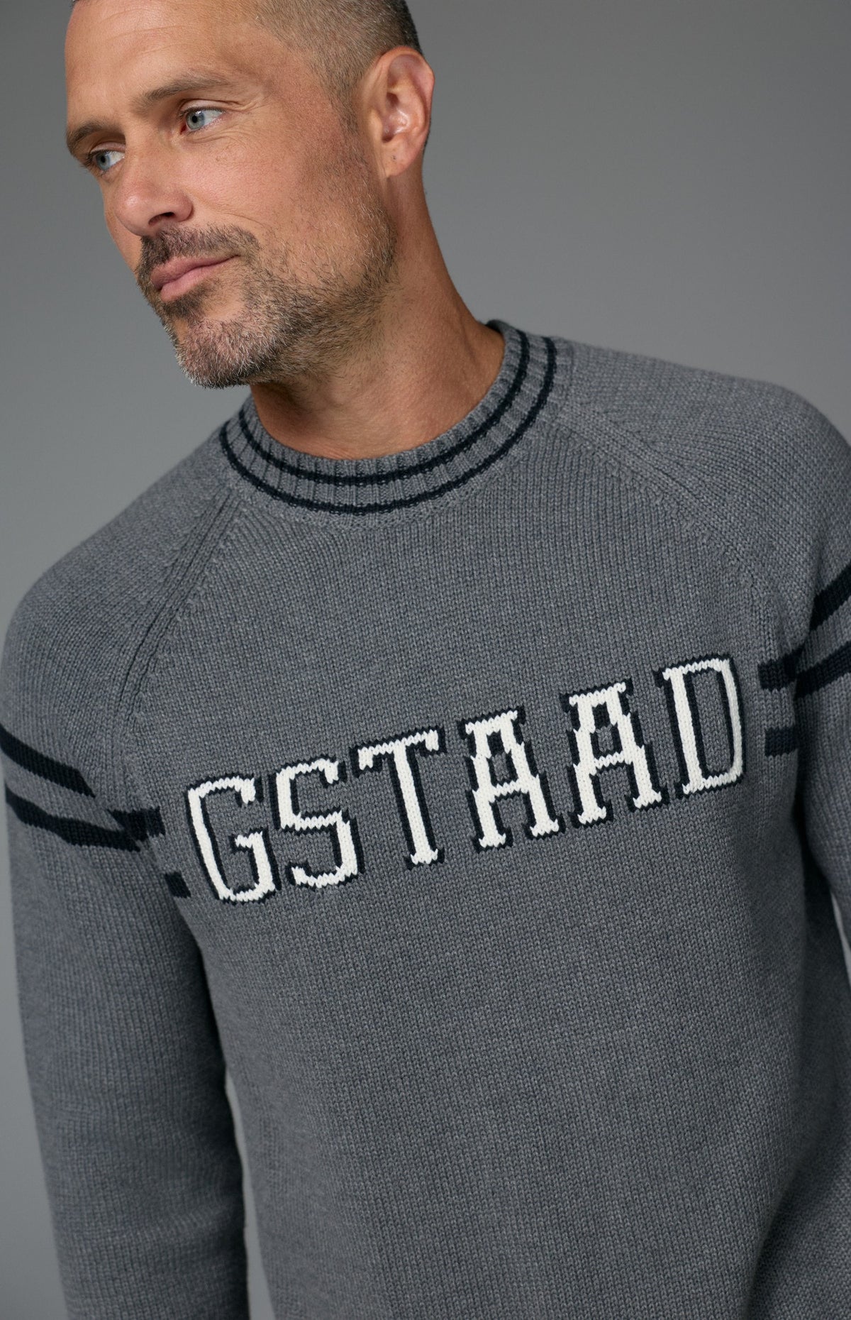 Alp N Rock Gstaad Men's Ski Sweater, heather grey men's mock neck longsleeve sweater with Gstaad lettering on the chest