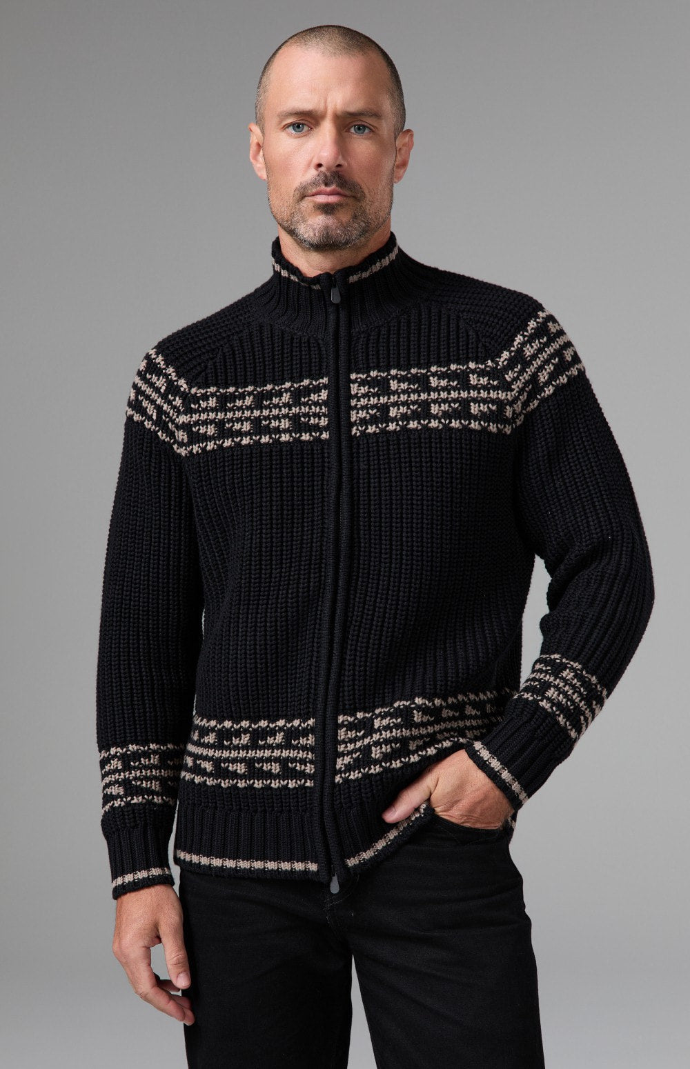 Alp N Rock Theo Full Zip Fair Isle Sweater, black full zip mock neck sweater for men