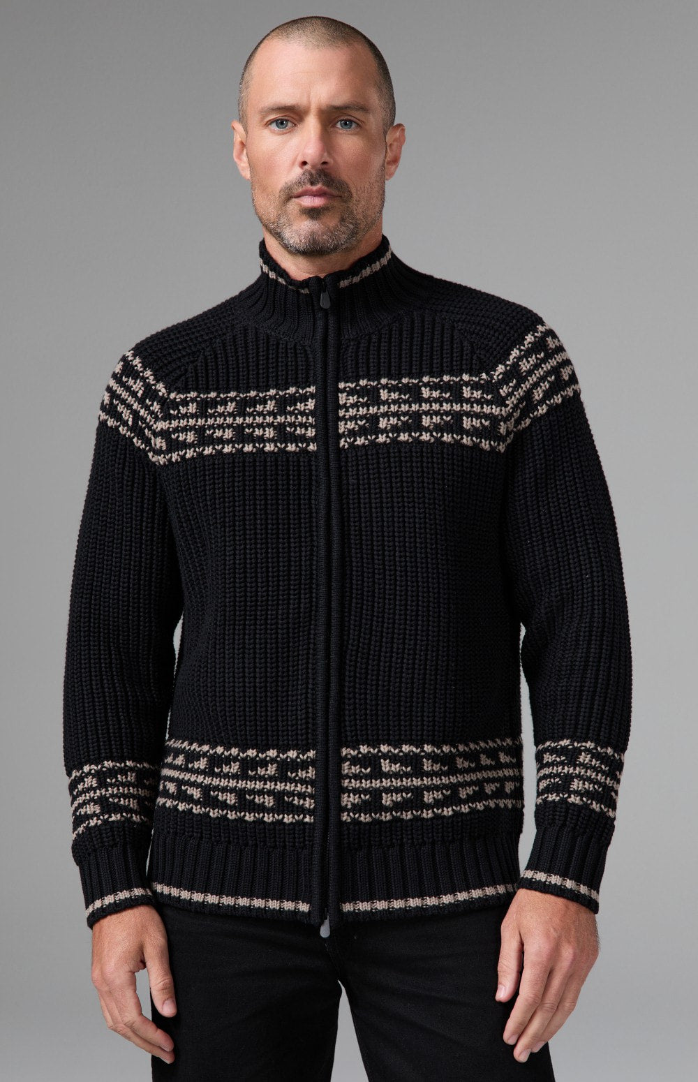 Alp N Rock Theo Full Zip Fair Isle Sweater, black full zip mock neck sweater for men