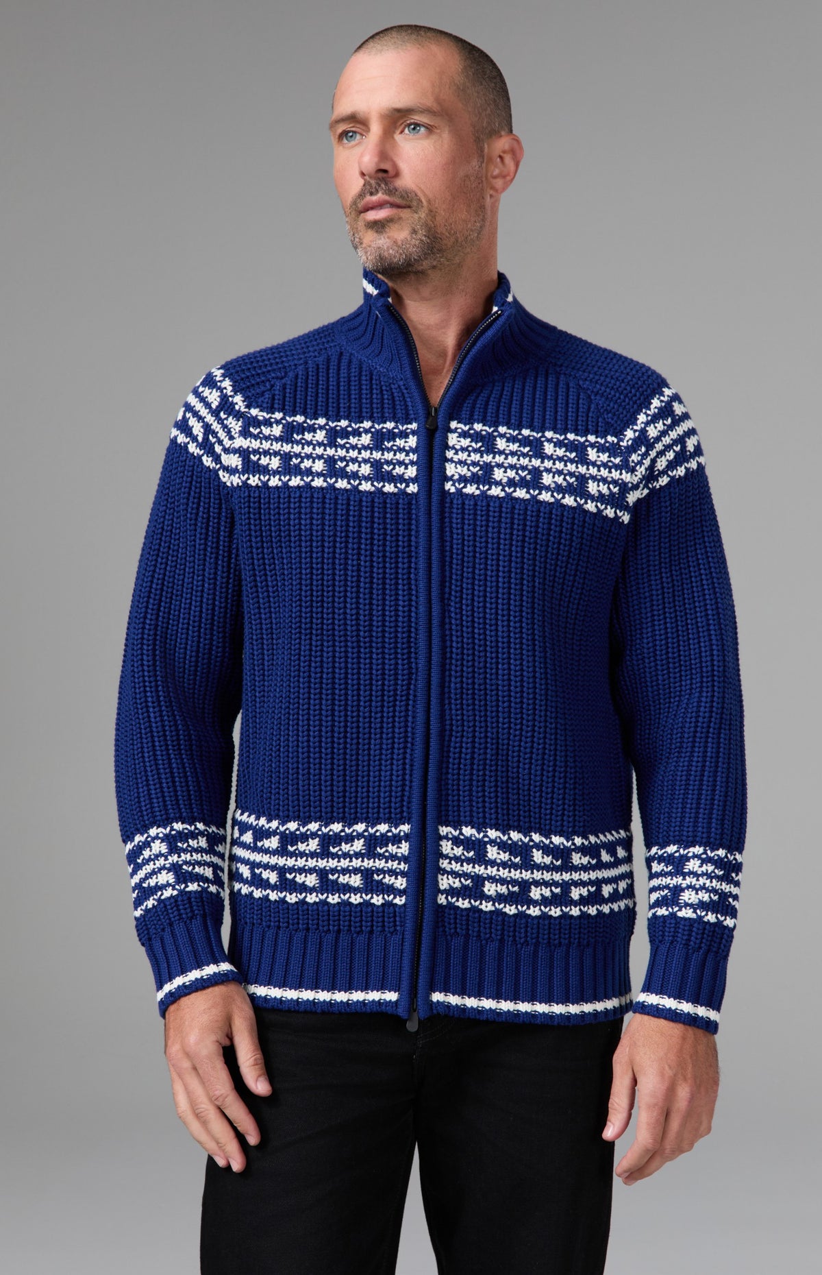Alp N Rock Theo Sweater, deep blue longsleeve full zip sweater with white fair isle details