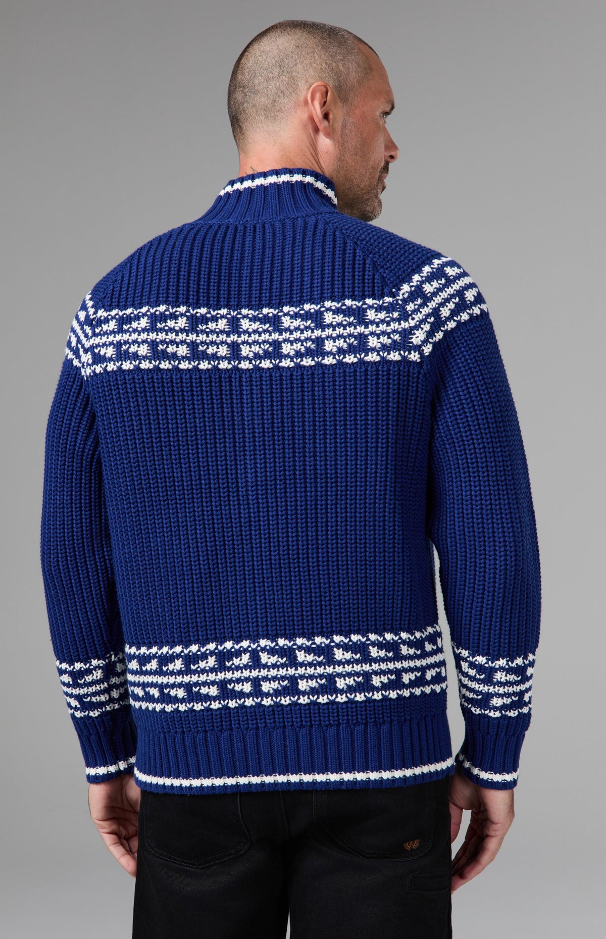 Alp N Rock Theo Sweater, deep blue longsleeve full zip sweater with white fair isle details