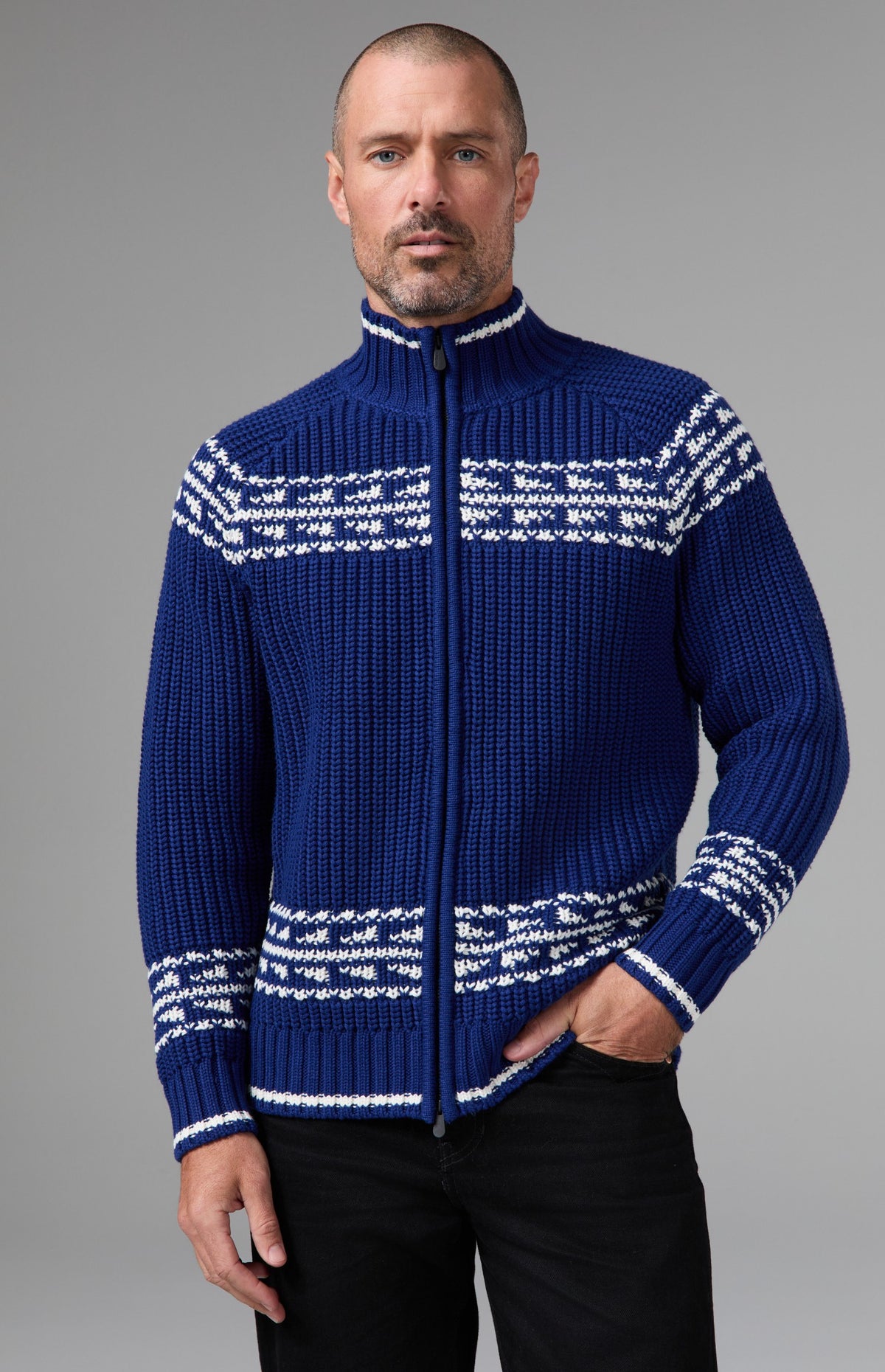 Alp N Rock Theo Sweater, deep blue longsleeve full zip sweater with white fair isle details