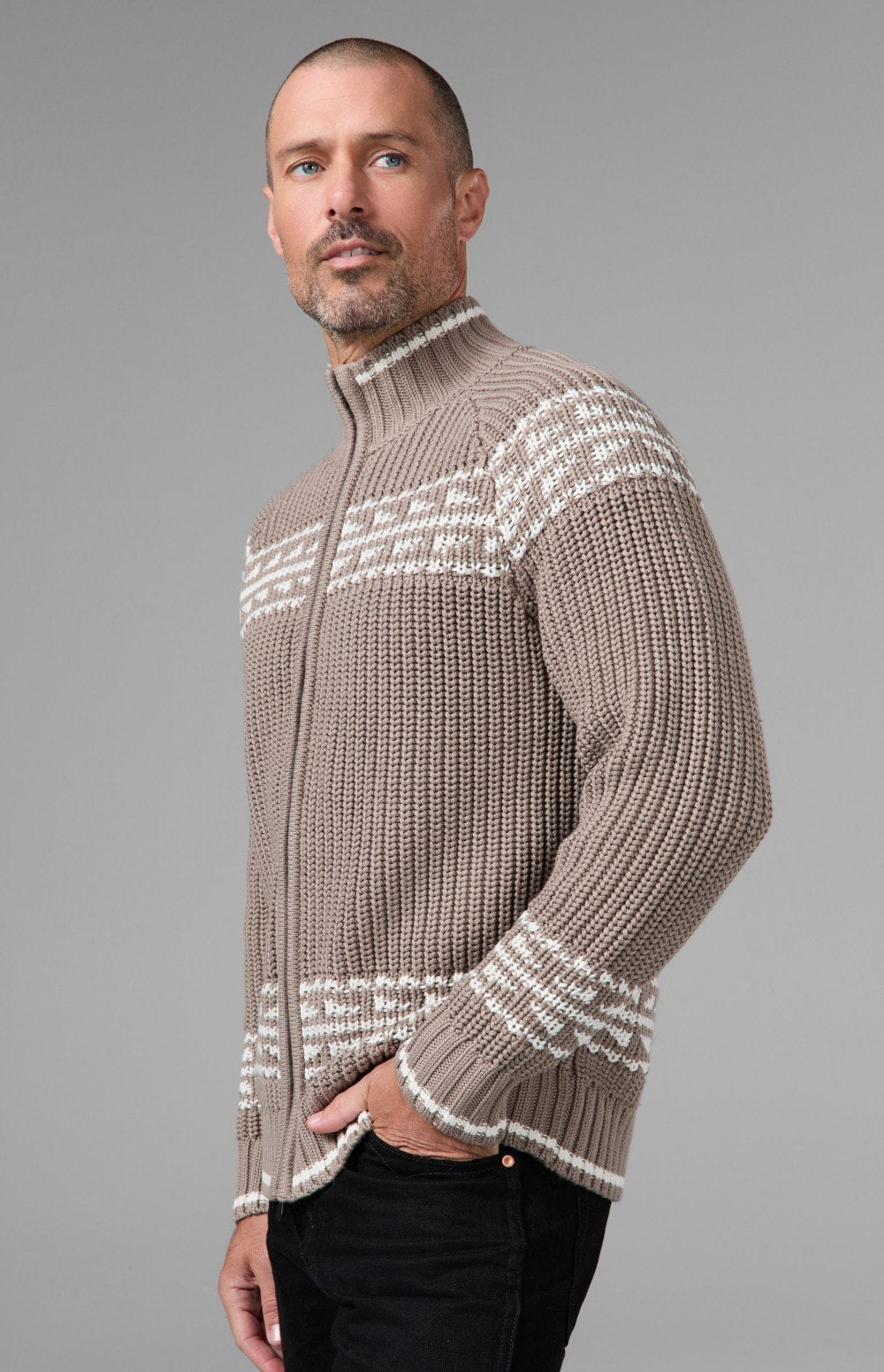 Alp N Rock Theo Full Zip Fair Isle Sweater, taupe full zip mock neck sweater for men
