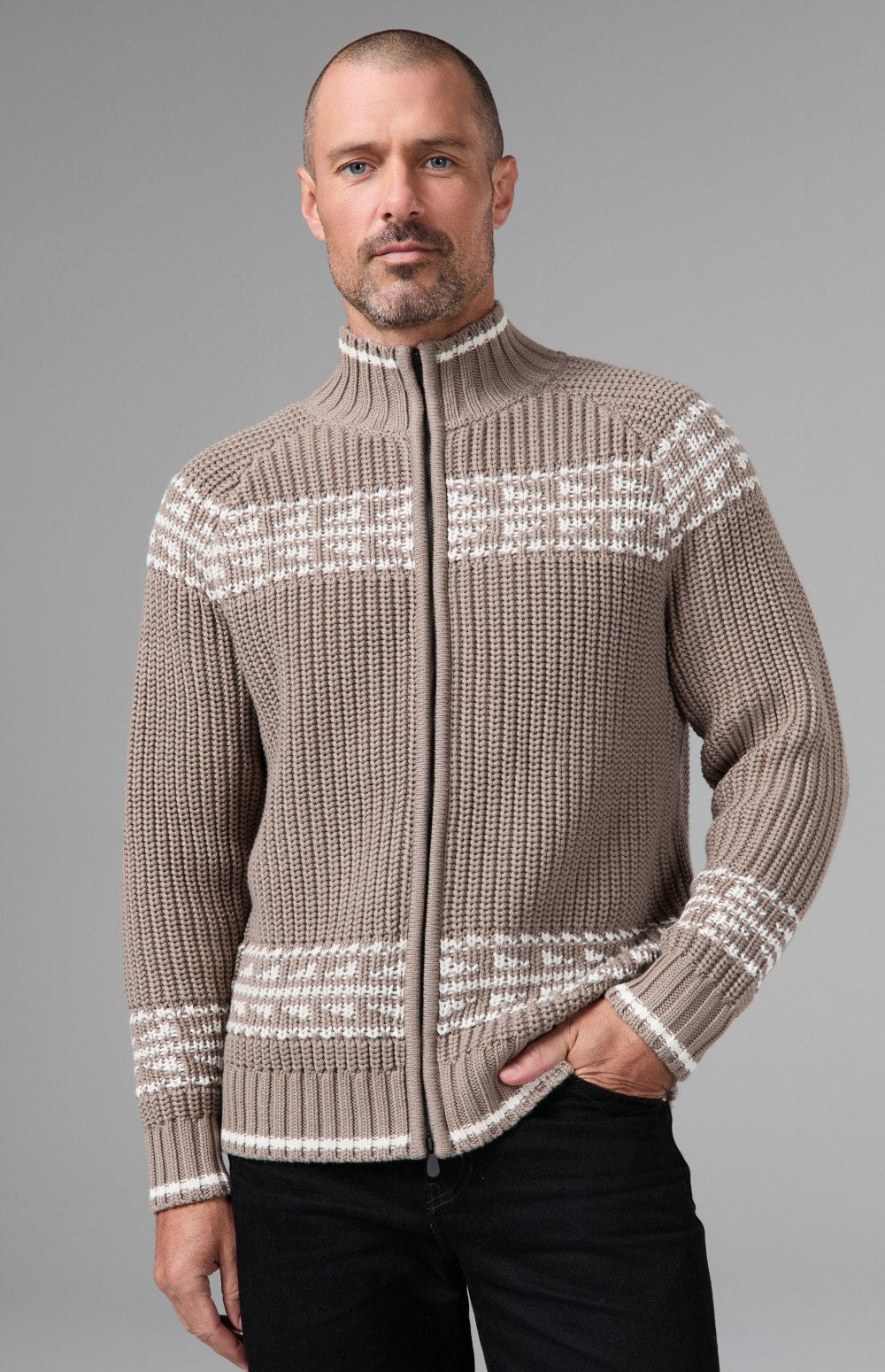 Alp N Rock Theo Full Zip Fair Isle Sweater, taupe full zip mock neck sweater for men