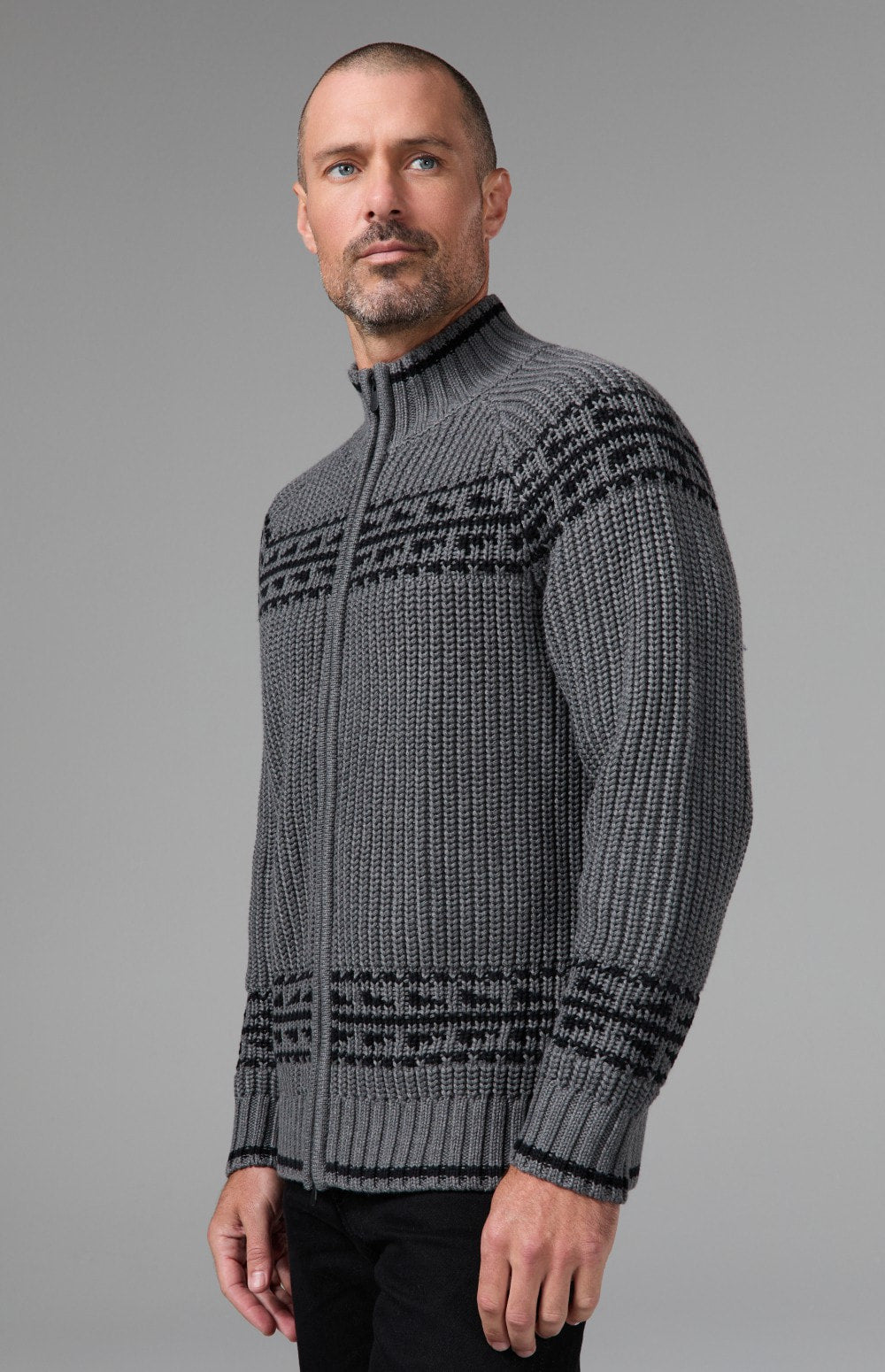 Alp N Rock Theo Full Zip Fair Isle Sweater, heather grey full zip mock neck sweater for men