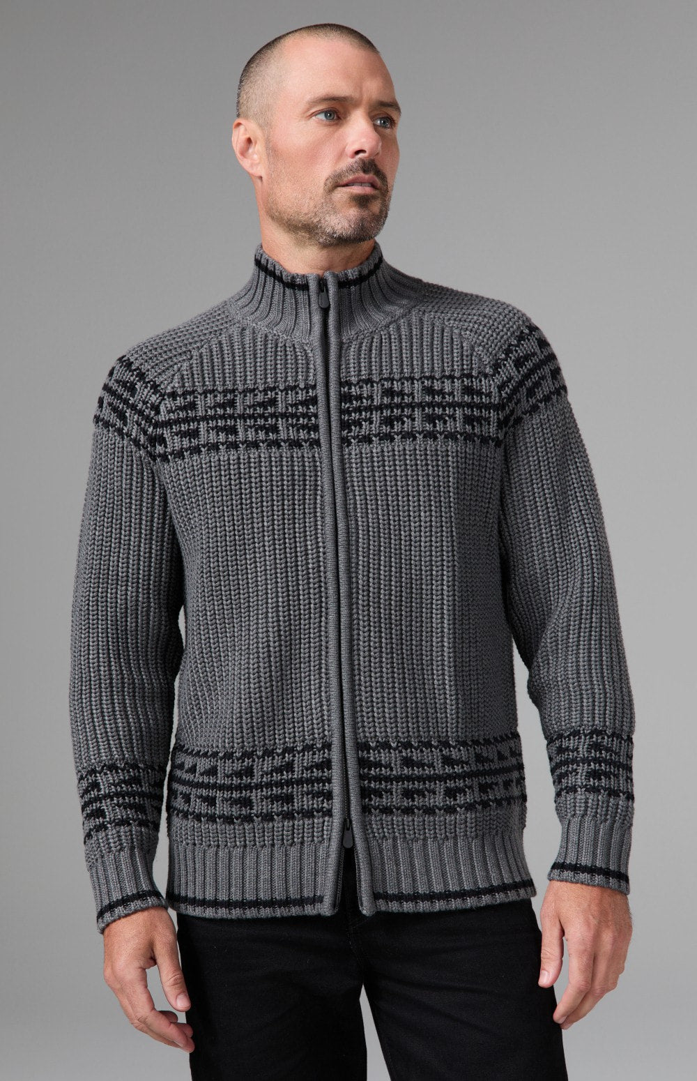 Alp N Rock Theo Full Zip Fair Isle Sweater, heather grey full zip mock neck sweater for men