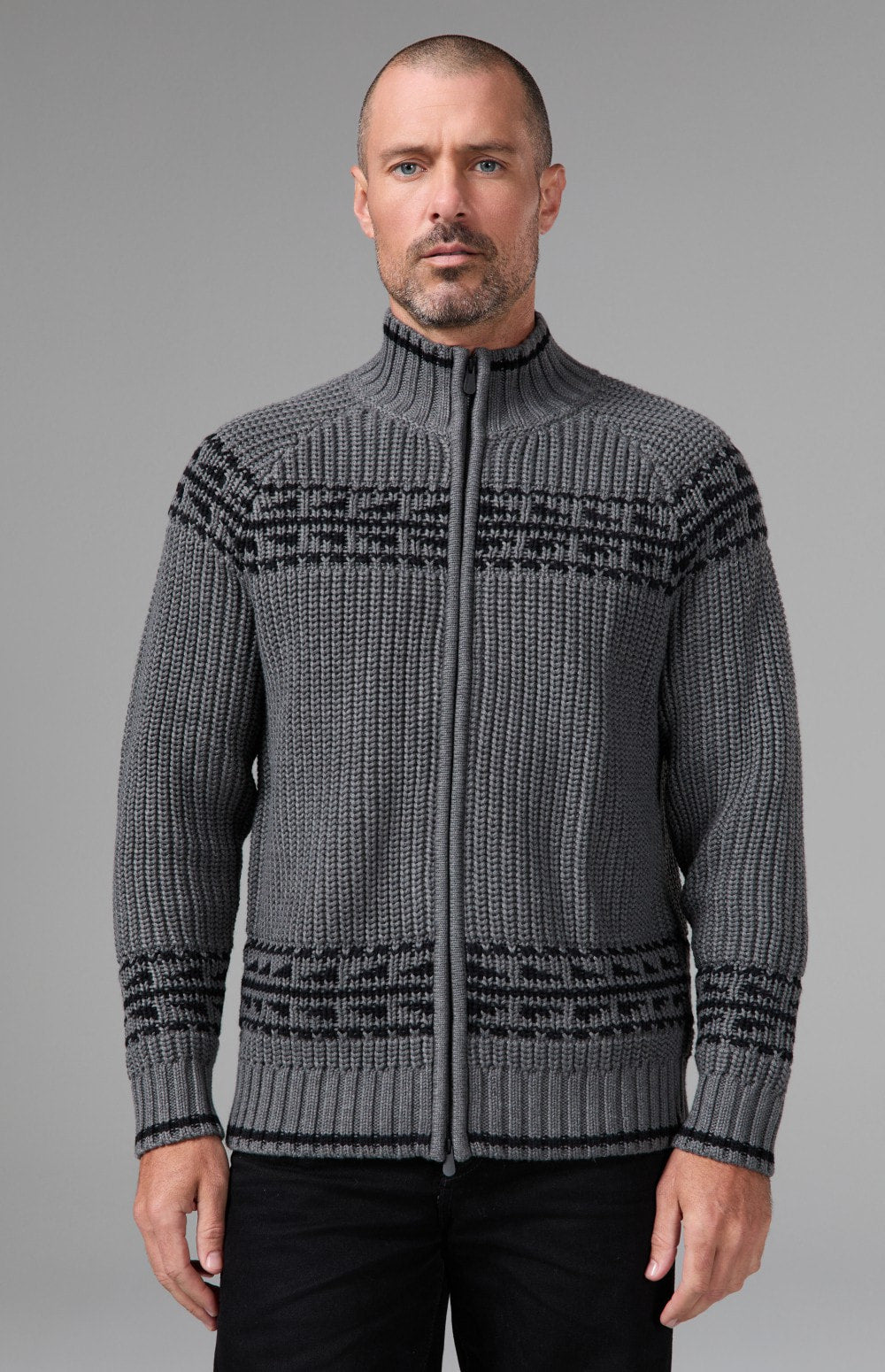 Alp N Rock Theo Full Zip Fair Isle Sweater, heather grey full zip mock neck sweater for men