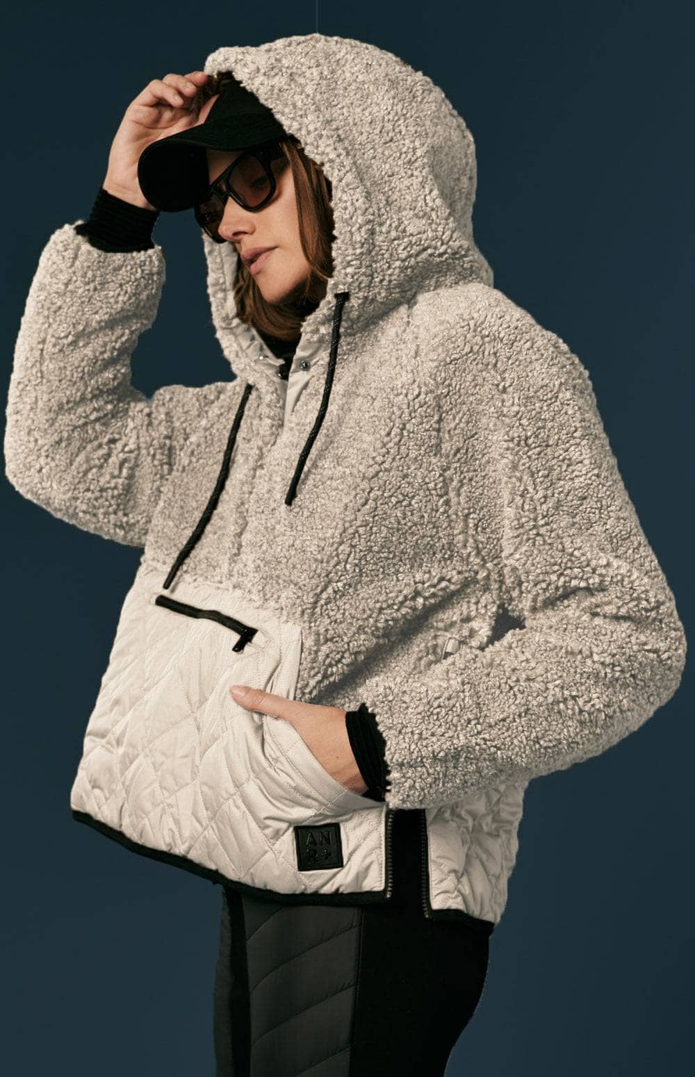 Alpine Pullover Jacket by Alp N Rock, Women's Beige Shearling Jacket With Hood, Quilted Bottom and Front Pocket