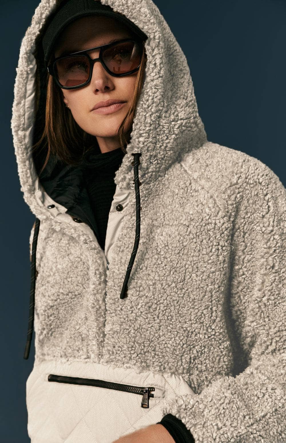 Alpine Pullover Jacket by Alp N Rock, Women's Beige Shearling Jacket With Hood, Quilted Bottom and Front Pocket